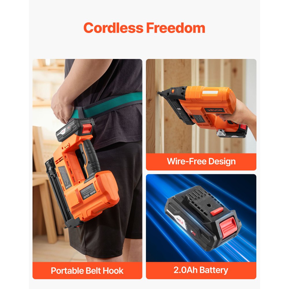 VEVOR 2-in-1 Cordless Brad Nailer, 18 Gauge, 20V Battery Powered Nail Gun and Staple Gun, with 500 pcs Nails, 500 pcs Staples, 2.0 Ah Li-ion Battery and Charger, for Home Improvement, Woodworking