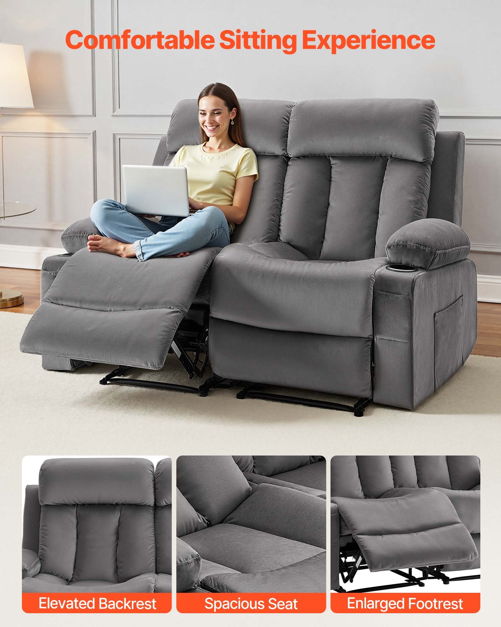 VEVOR Loveseat Relaxsessel elektrische Liegecouch mit Wärmefunktion & Massage, Massagesessel aus Samt mit USB-Anschlüssen & Getränkehaltern & Seitentaschen, TV-Sessel für Wohnzimmer Grau