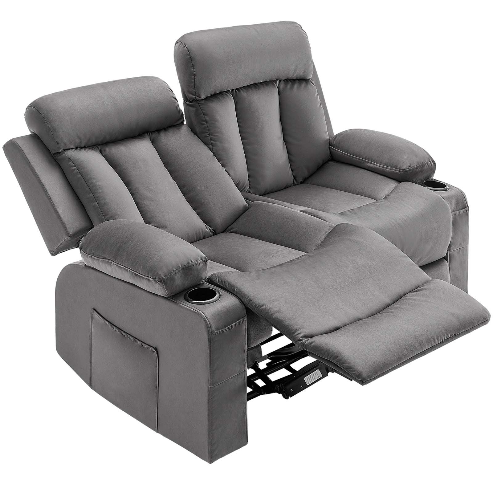 VEVOR Loveseat Relaxsessel elektrische Liegecouch mit Wärmefunktion & Massage, Massagesessel aus Samt mit USB-Anschlüssen & Getränkehaltern & Seitentaschen, TV-Sessel für Wohnzimmer Grau