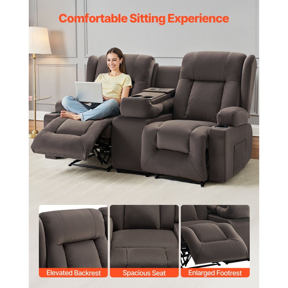 VEVOR Loveseat Relaxsessel elektrische Liegecouch mit Wärmefunktion & Massage, Massagesessel mit zentraler Steuerung & USB-Anschlüssen & Getränkehaltern & Seitentaschen, Sofa für Wohnzimmer Braun