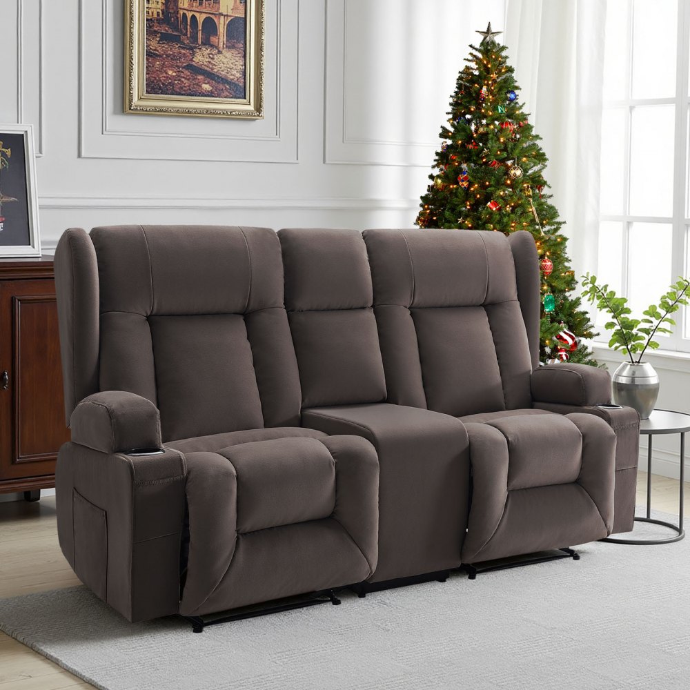 VEVOR Loveseat Recliner Sofa, Power Reclining Couch with Heating & Massage, Suede Electric Recliner Sofa with Center Console, USB Ports, Cup Holders & Side Bags, Dual Loveseat Chair for Living Room