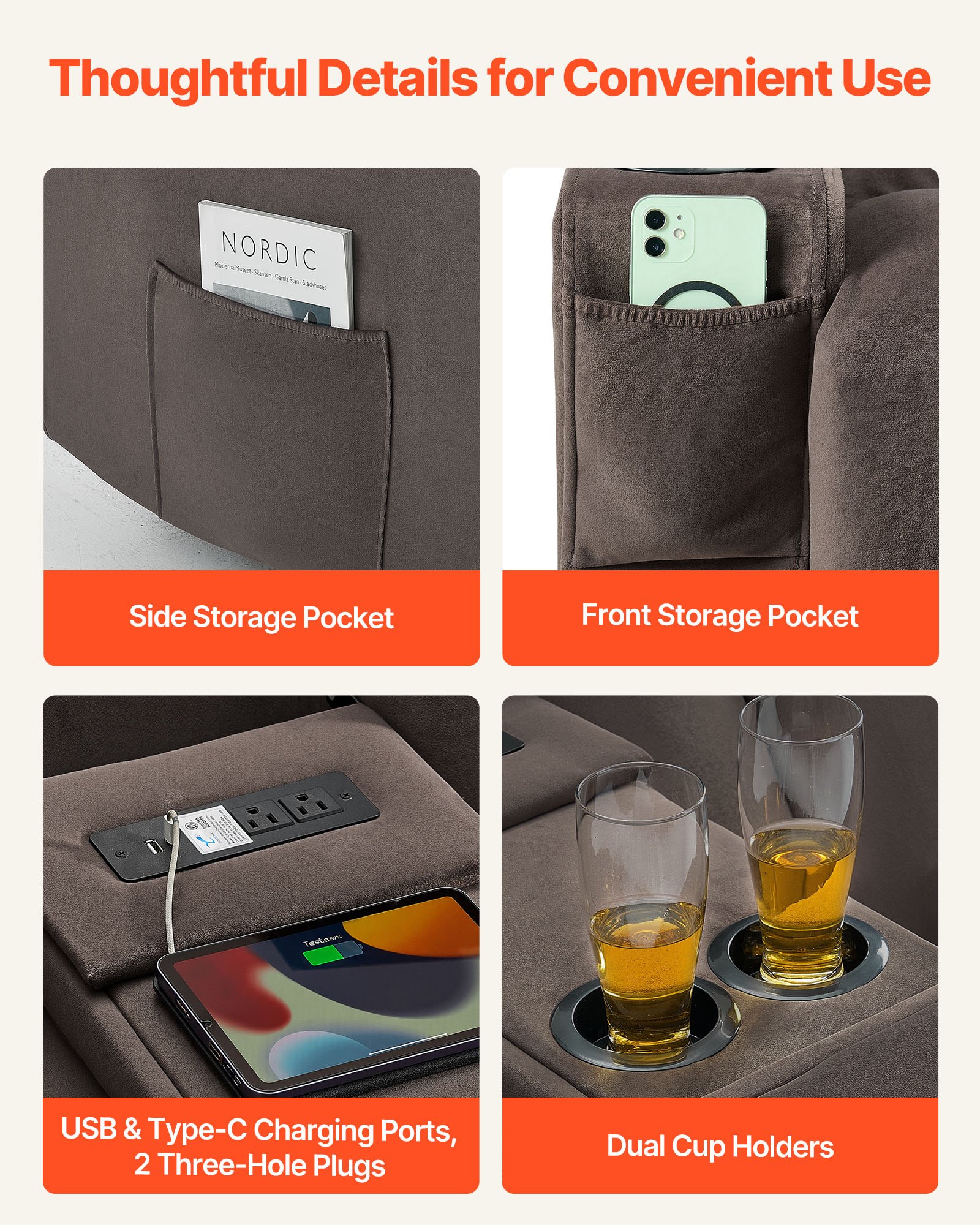 VEVOR Loveseat Relaxsessel elektrische Liegecouch mit Wärmefunktion & Massage, Massagesessel mit zentraler Steuerung & USB-Anschlüssen & Getränkehaltern & Seitentaschen, Sofa für Wohnzimmer Braun