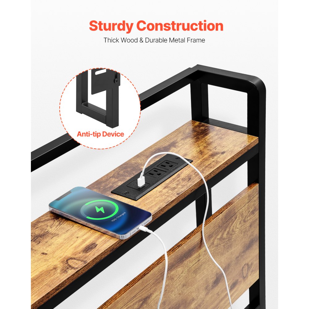 VEVOR Kopfteil für Kingsize-Bett höhenverstellbares Kopfteil mit Ablagefläche, freistehendes Kingsize-Kopfteil mit Steckdosen & USB-Anschluss für verschiedene Bettrahmen, Schwarz und Braun