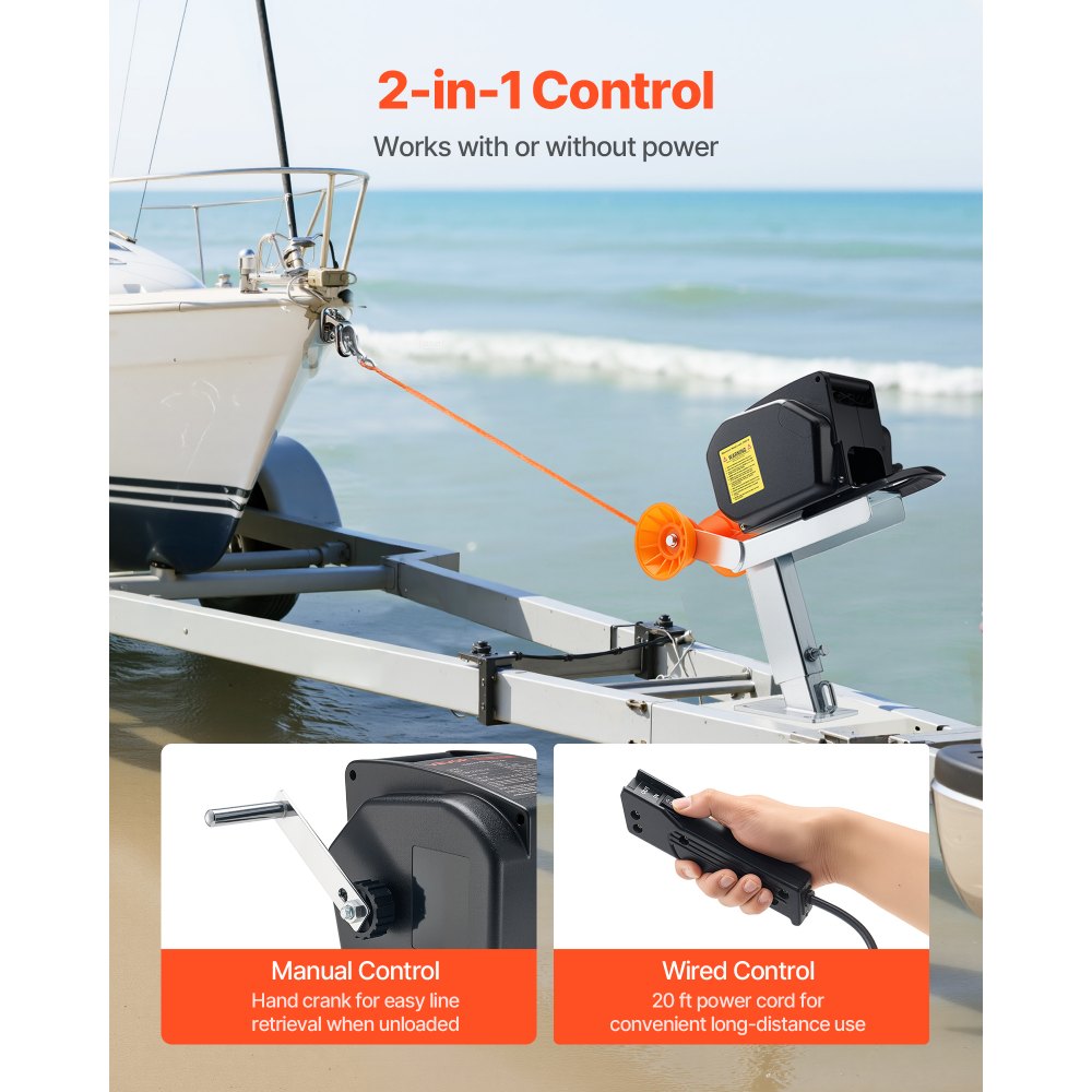 VEVOR Elektrische Seilwinde, 12 V DC 300 W, umkehrbare Bootwinde für Boote bis 900 kg, Power-In-, Power-Out- & Freilaufbetrieb für Boote mit kabelgebundener Fernbedienung & Handkurbel