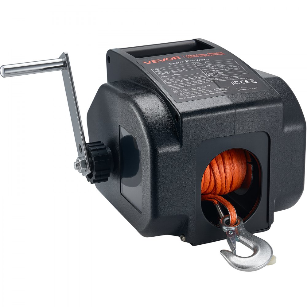 VEVOR Elektrische Seilwinde, 12 V DC 300 W, umkehrbare Bootwinde für Boote bis 900 kg, Power-In-, Power-Out- & Freilaufbetrieb für Boote mit kabelgebundener Fernbedienung & Handkurbel