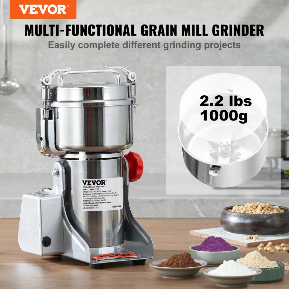 VEVOR Tragbare Getreidemühle 1000 g Schleifmaschine 3750 W Multifunktions-Küchenmühle Edelstahl Mühle Pulvermaschine Timing-Trockenmühle für Kräuter