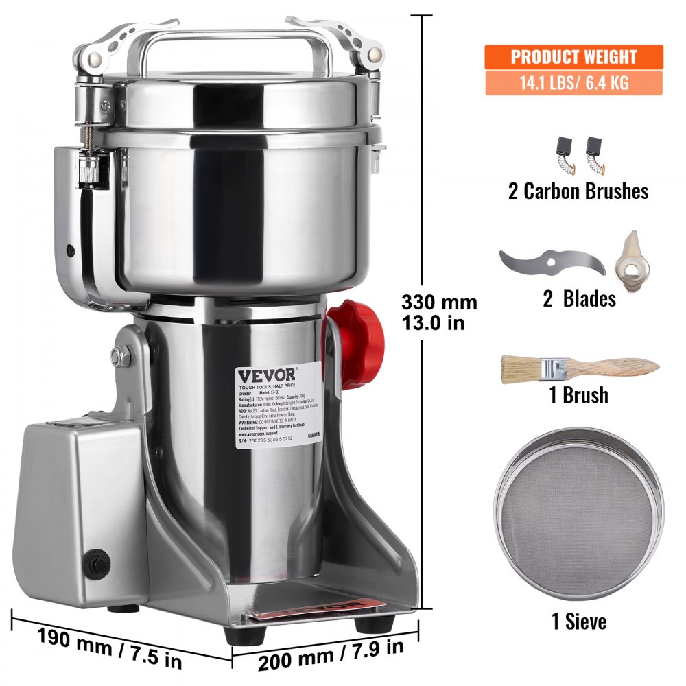 VEVOR Tragbare Getreidemühle 1000 g Schleifmaschine 3750 W Multifunktions-Küchenmühle Edelstahl Mühle Pulvermaschine Timing-Trockenmühle für Kräuter