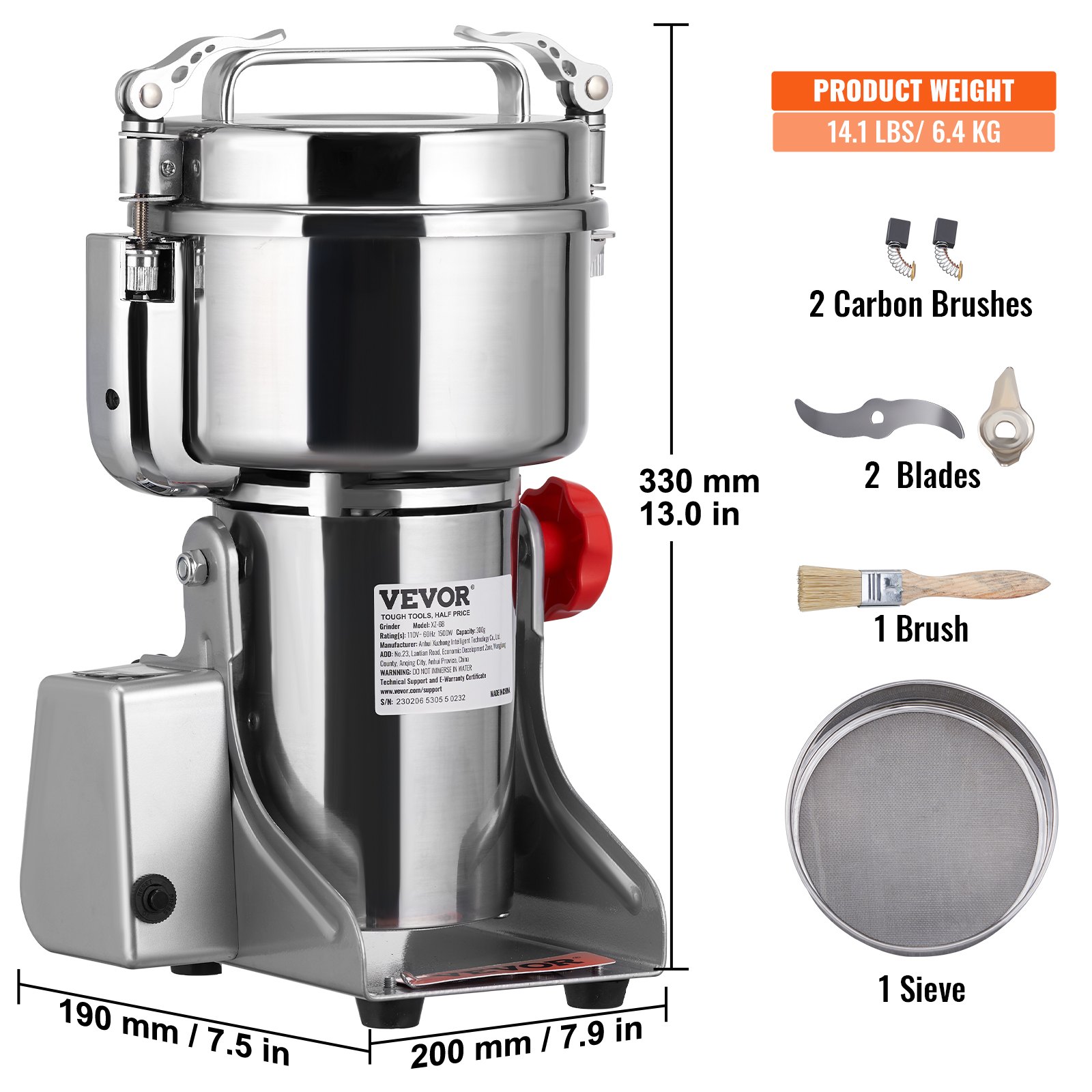 VEVOR Tragbare Getreidemühle 1000 g Schleifmaschine 3750 W Multifunktions-Küchenmühle Edelstahl Mühle Pulvermaschine Timing-Trockenmühle für Kräuter