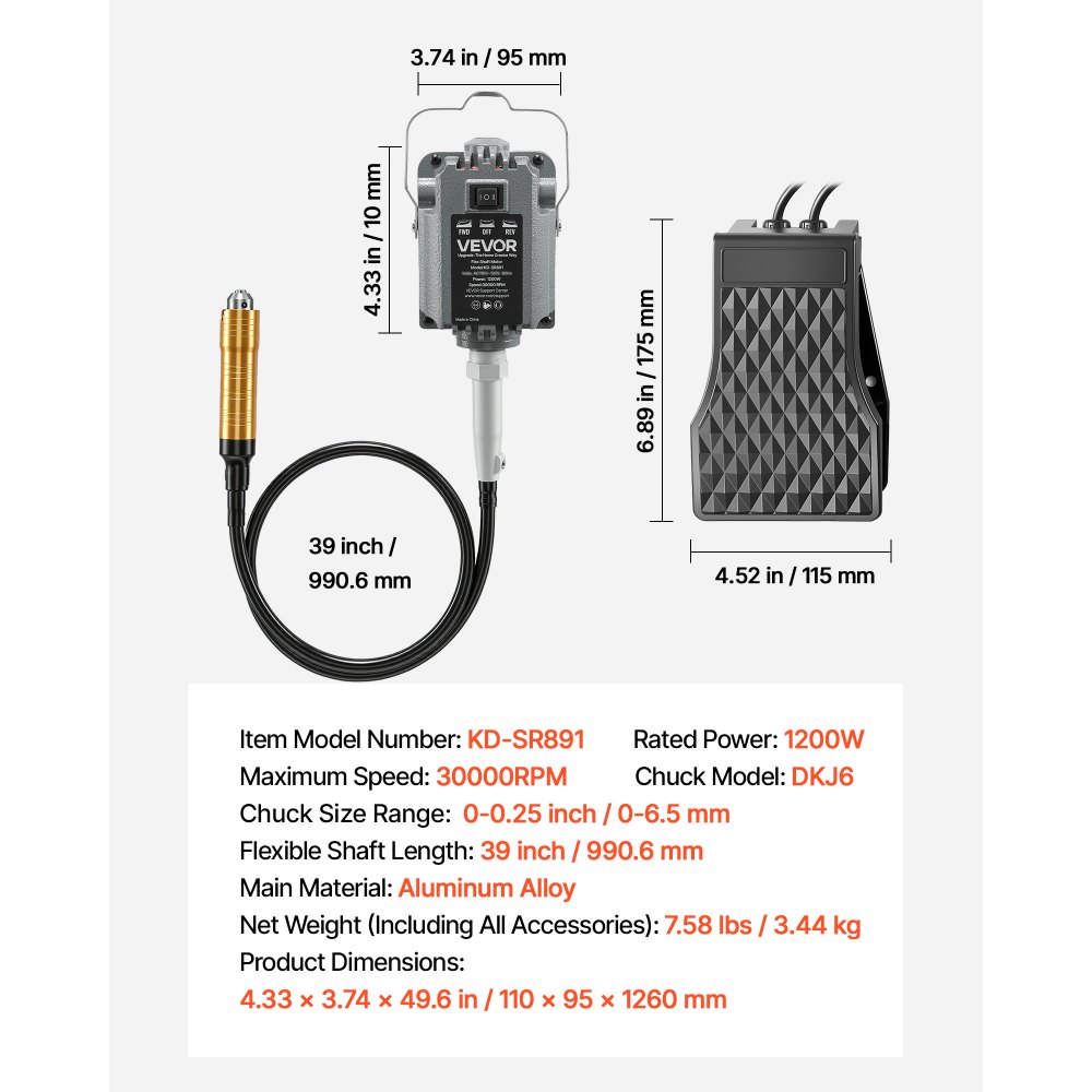 VEVOR Elektrische Drehwerkzeug, 1200 W, 30.000 U/min, Flexshaft-Rotationswerkzeug mit Fußpedalsteuerung, Hängemühle mit 112-tlg. Zubehör, Schnellschleife zum Schleifen, Polieren & Trennen