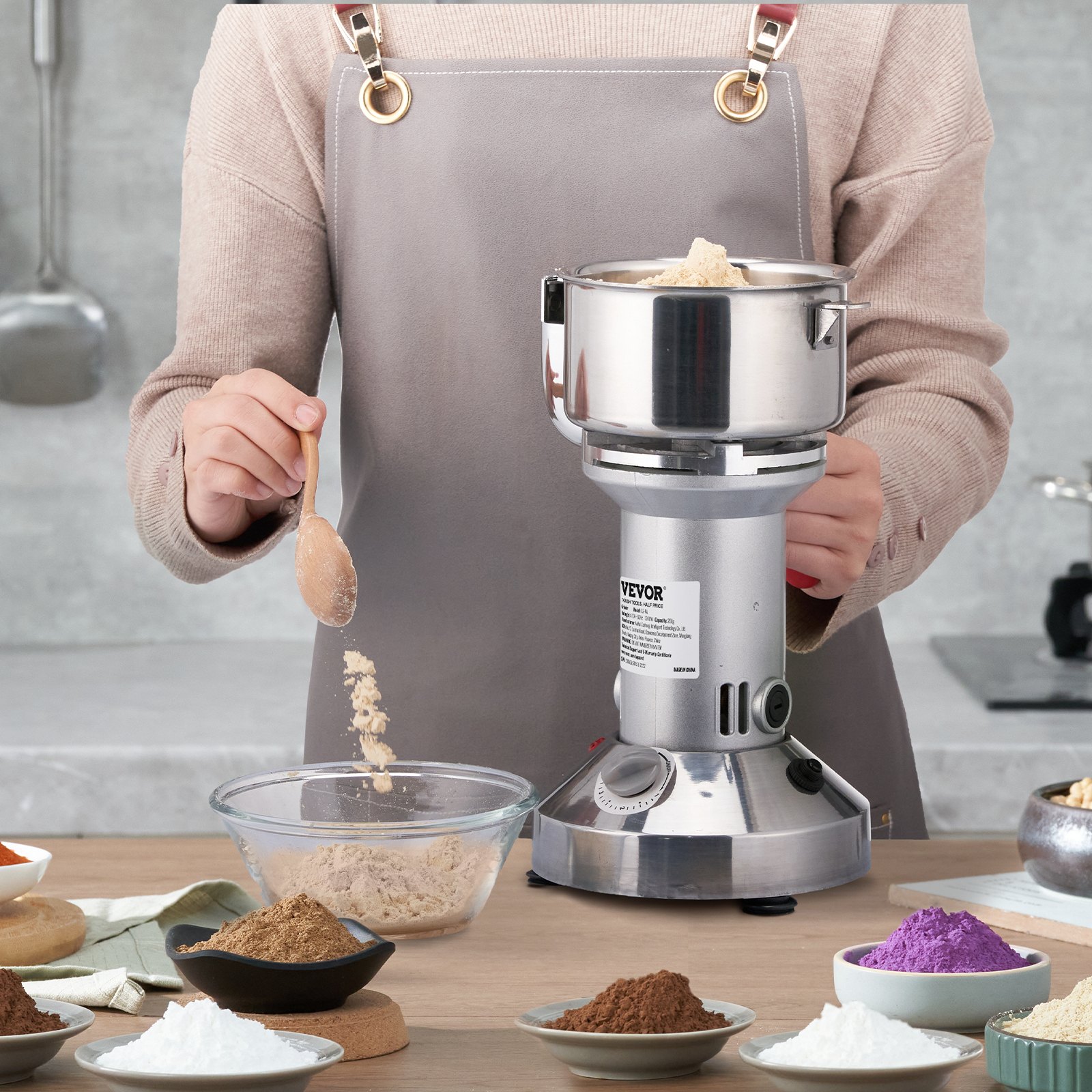 VEVOR Elektrische Getreidemühle 150 g Schleifmaschine 1050 W Multifunktions-Küchenmühle Mehl Pulvermaschine Timing-Trockenmühle für Kräuter / Gewürze