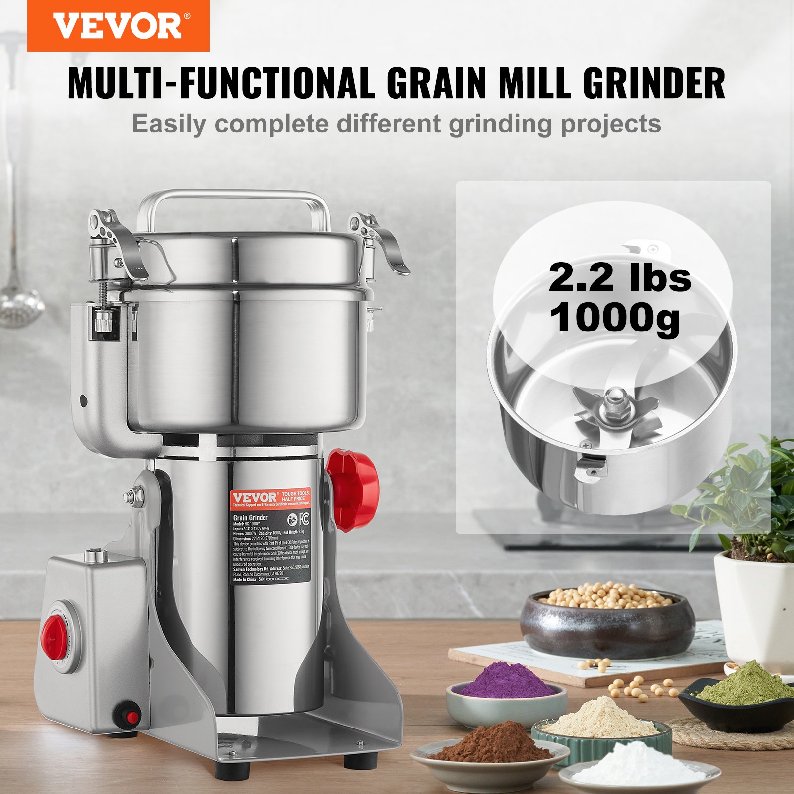 VEVOR Electric Grain Mill, 1000 g, High-Speed Spice Mill with 3000 W, Commercial Spice Mill, Stainless Steel Pulverizer, for Dry Grains, Spices, Muesli, Coffee, Corn, Pepper, Swivel Type