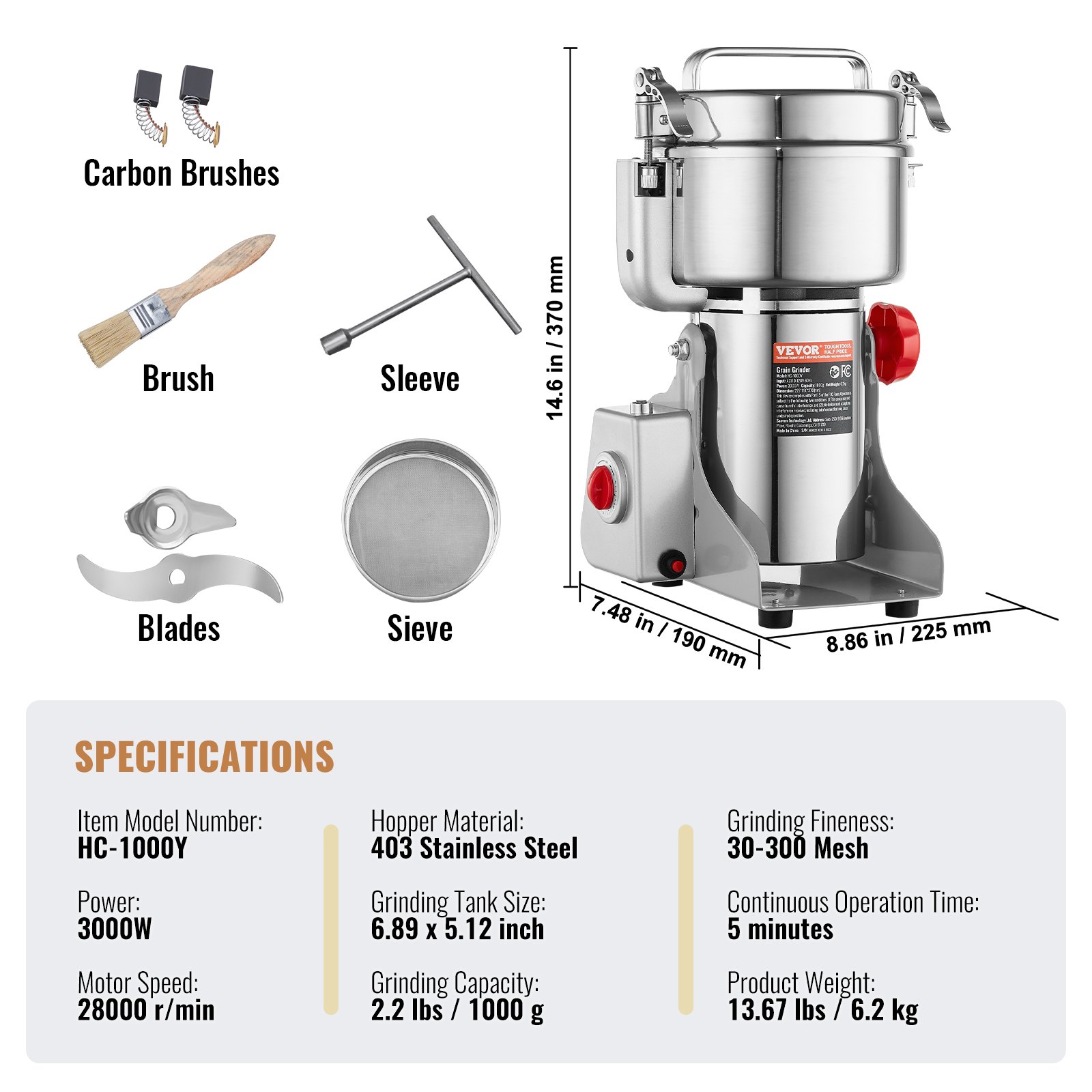VEVOR Electric Grain Mill, 1000 g, High-Speed Spice Mill with 3000 W, Commercial Spice Mill, Stainless Steel Pulverizer, for Dry Grains, Spices, Muesli, Coffee, Corn, Pepper, Swivel Type