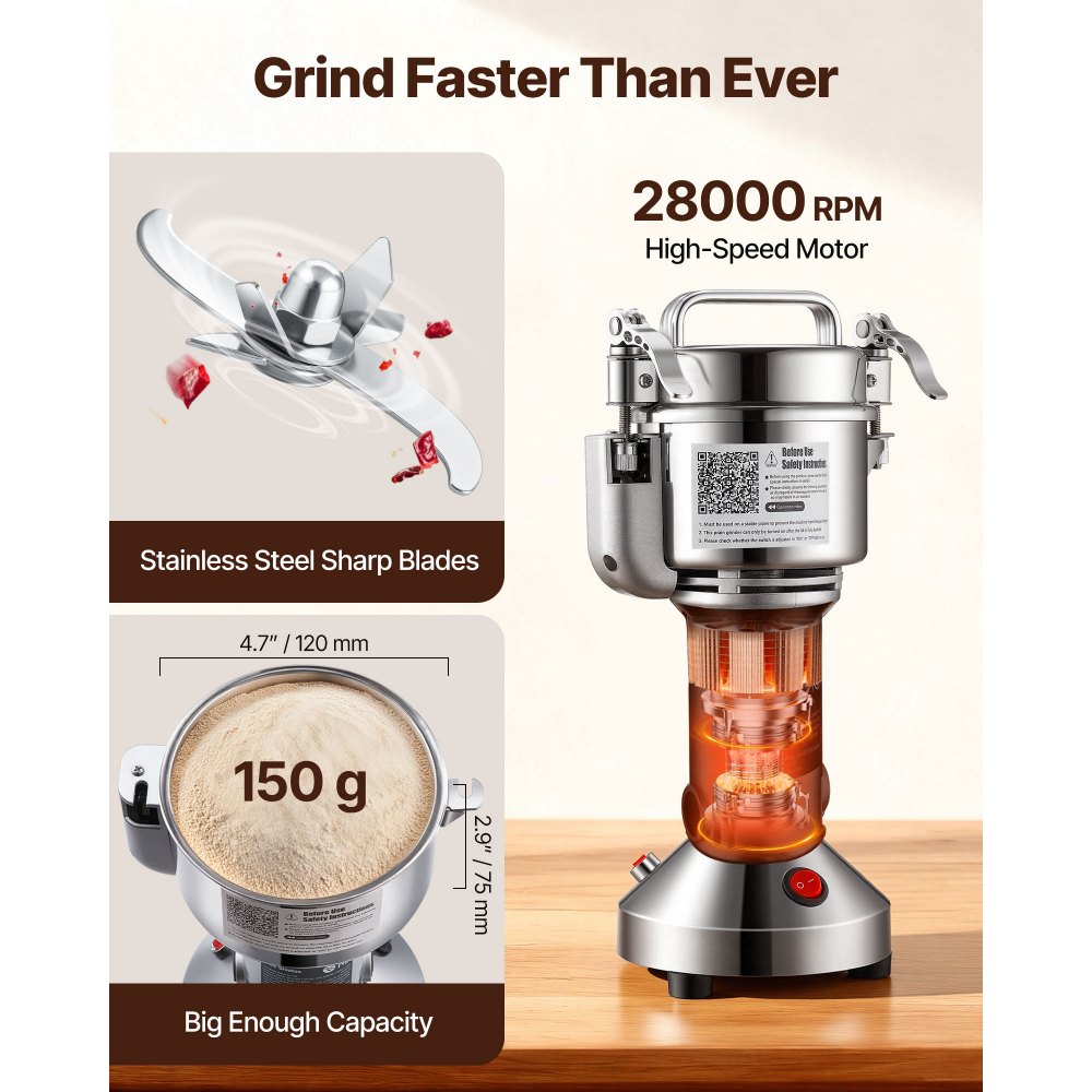 VEVOR elektrische Getreidemühle, Hochgeschwindigkeits-Gewürzmühle mit 850 W, Pulverisiermaschine aus Edelstahl, für trockene Körner Gewürze Müsli Kaffee Mais Pfeffer 163 x 135 x 345 mm