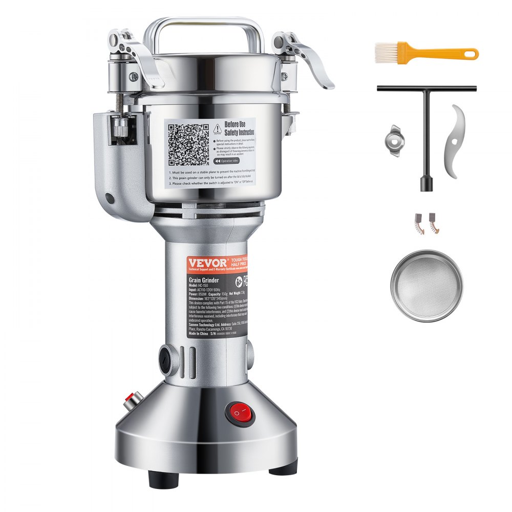 VEVOR elektrische Getreidemühle, Hochgeschwindigkeits-Gewürzmühle mit 850 W, Pulverisiermaschine aus Edelstahl, für trockene Körner Gewürze Müsli Kaffee Mais Pfeffer 163 x 135 x 345 mm