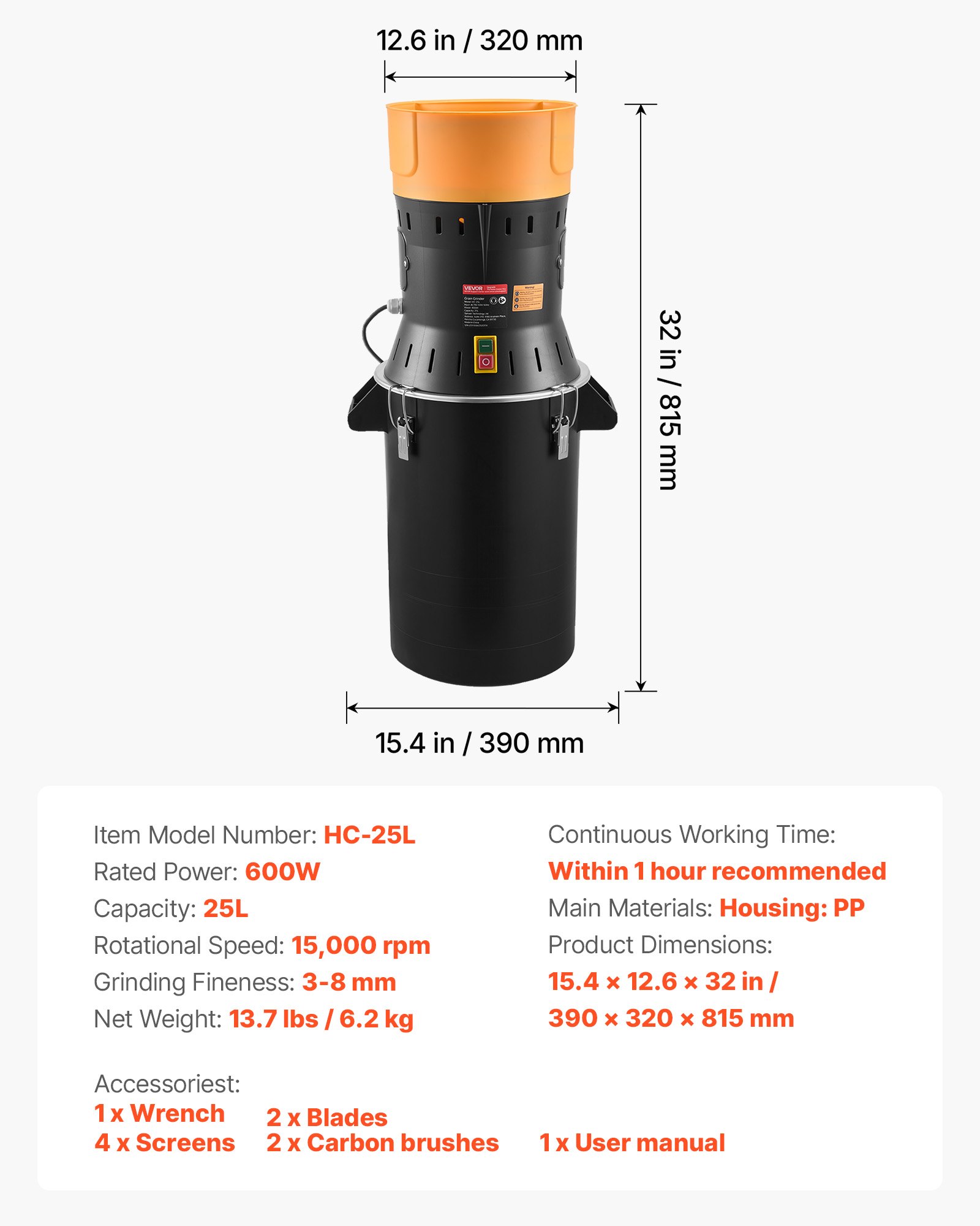 VEVOR Elektrische Getreidemühle 25 L, Gewürzmühle 600 W, Gewürzmühle mit verzinkten & scharfen Klingen, Pulverisiermaschine für Trockenes Getreide Gewürze Müsli Kaffee Mais 390x320x815 mm