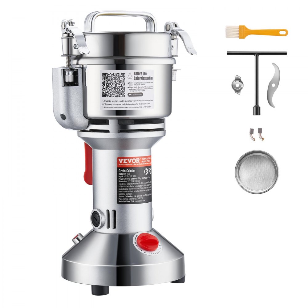 VEVOR Electric Grain Mill, High-Speed Spice Mill, 1500 W, 300 g, Stainless Steel Pulverizer, for Dry Grains, Spices, Muesli, Coffee, Corn, Pepper, Silver, 180 x 160 x 355 mm