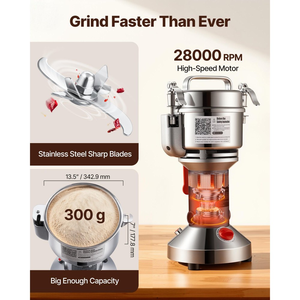 VEVOR elektrische Getreidemühle Hochgeschwindigkeits-Gewürzmühlen 1500 W 300 g, Pulverisiermaschine aus Edelstahl, für trockene Körner Gewürze Müsli Kaffee Mais Pfeffer Silber 180 x 160 x 355 mm