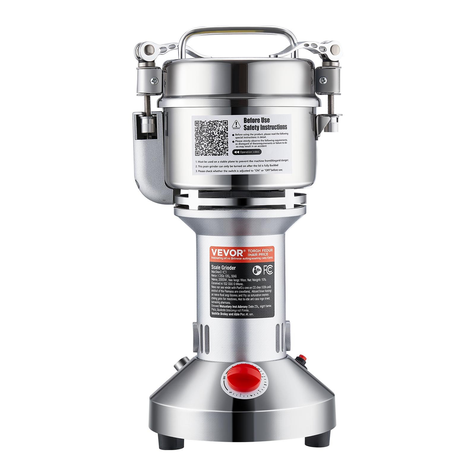 VEVOR elektrische Getreidemühle Hochgeschwindigkeits-Gewürzmühlen 1500 W 300 g, Pulverisiermaschine aus Edelstahl, für trockene Körner Gewürze Müsli Kaffee Mais Pfeffer Silber 180 x 160 x 355 mm