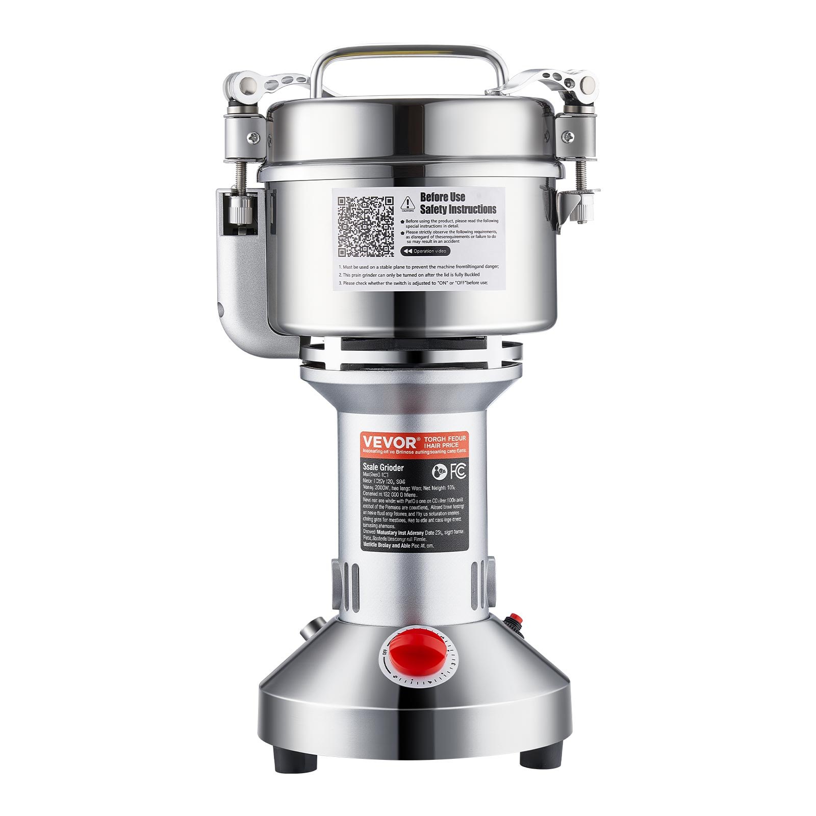 VEVOR Electric Grain Mill, High-Speed Spice Mill 550 g 2000 W, Stainless Steel Pulverizer, for Dry Grains, Spices, Grains, Coffee, Corn, Pepper, Silver 195 x 160 x 365 mm