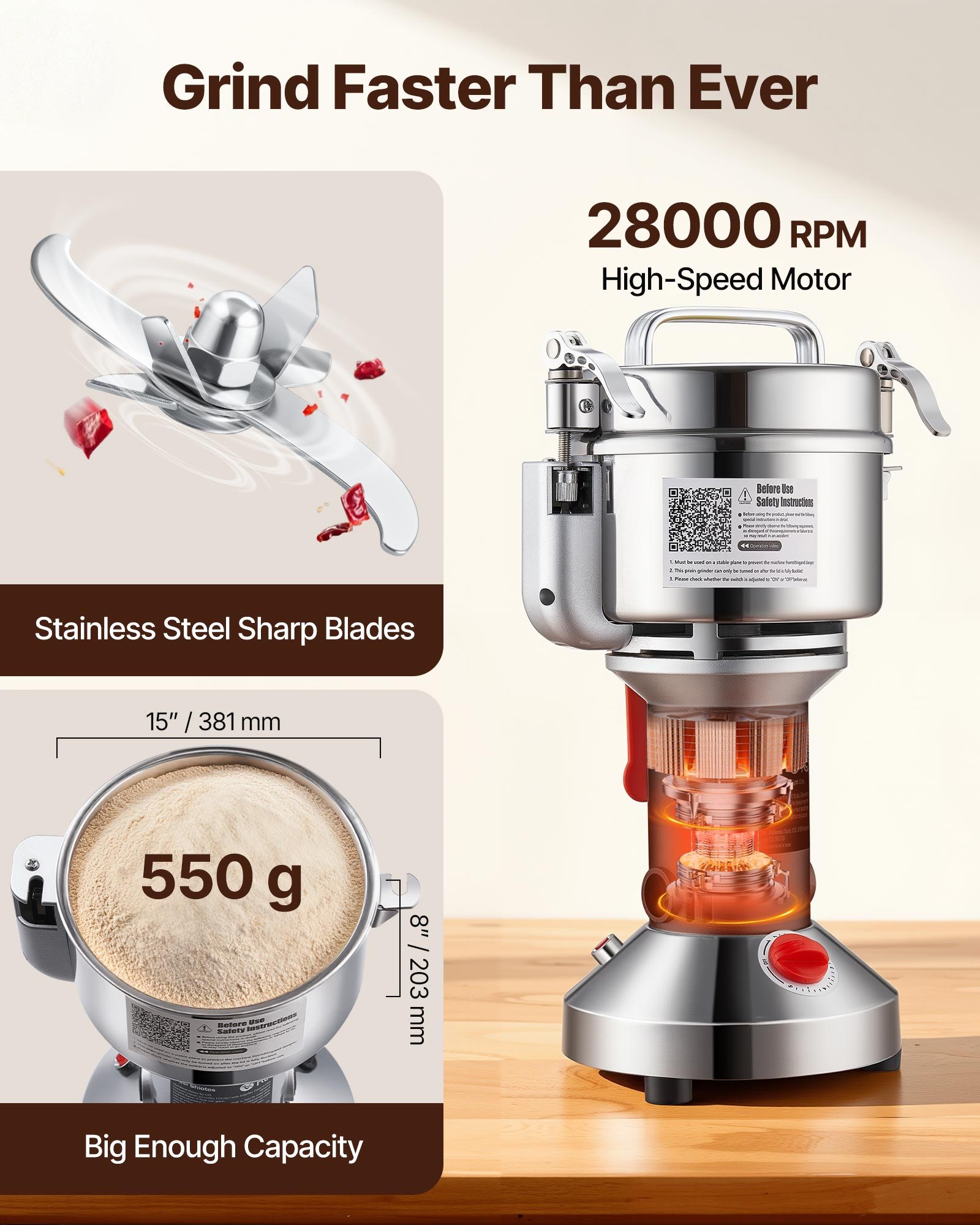 VEVOR elektrische Getreidemühle, Hochgeschwindigkeits-Gewürzmühle 550 g 2000 W, Pulverisierer aus Edelstahl, für trockene Körner Gewürze Getreide Kaffee Mais Pfeffer, Silber 195 x 160 x 365 mm