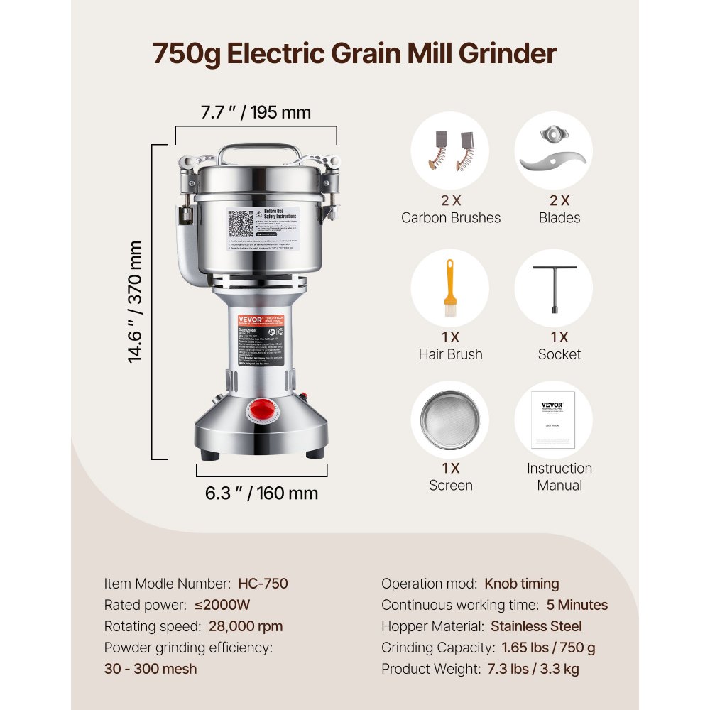 VEVOR elektrische Getreidemühle tragbare Hochgeschwindigkeits-Gewürzmühlen kommerziell 750 g 2000 W, Pulverisierer aus Edelstahl, 28000 U/min für trockene Körner Gewürze Müsli Kaffee Mais Pfeffer