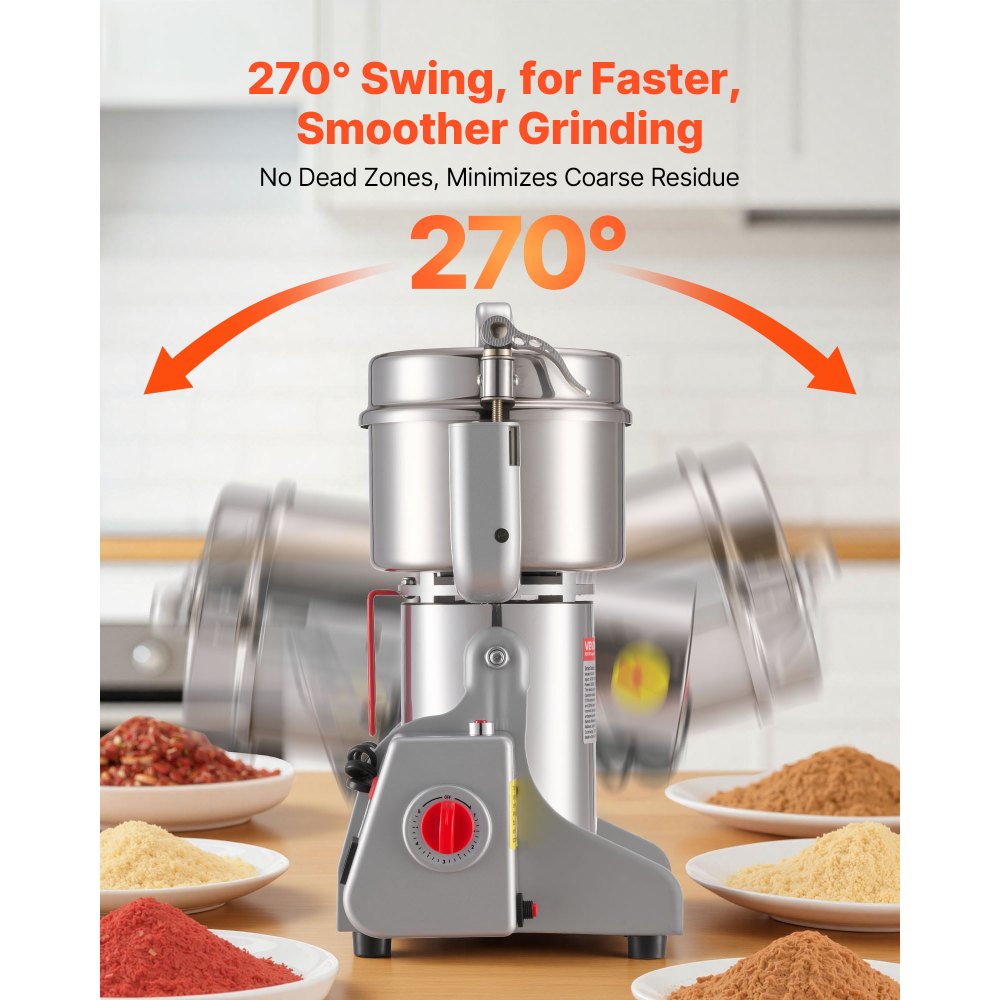 VEVOR Elektrische Getreidemühle 800 g, Getreidemühle 2100 W Edelstahl, Gewürzmühle für Trockenes Getreide Gewürze Müsli Kaffee Mais Pfeffer, Schwenktyp Pulverisiermaschine 220x190x375 mm