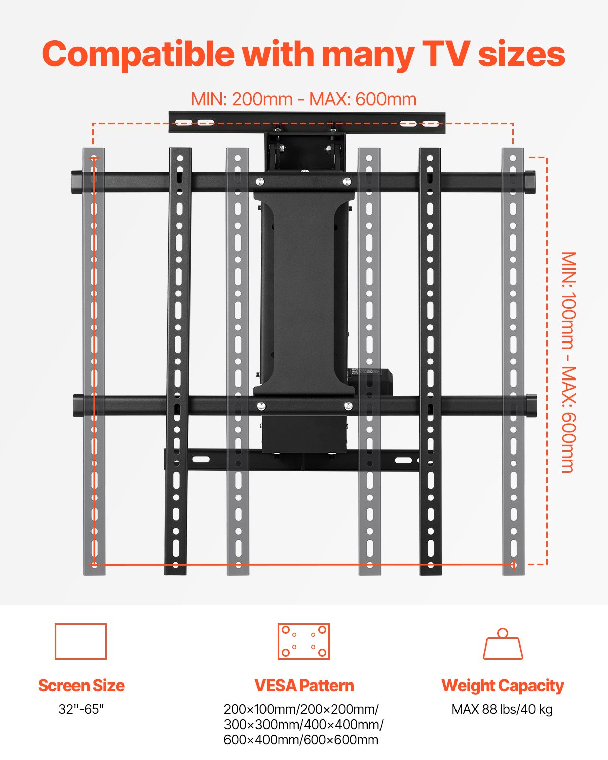 VEVOR motorisierte TV Wandhalterung Halterung für 813 bis 1651 mm Fernseher, elektrischer verstellbarer herunterklappbarer Ständer mit max. VESA 60 x 60 cm, passend für Fernseher bis zu 40 kg