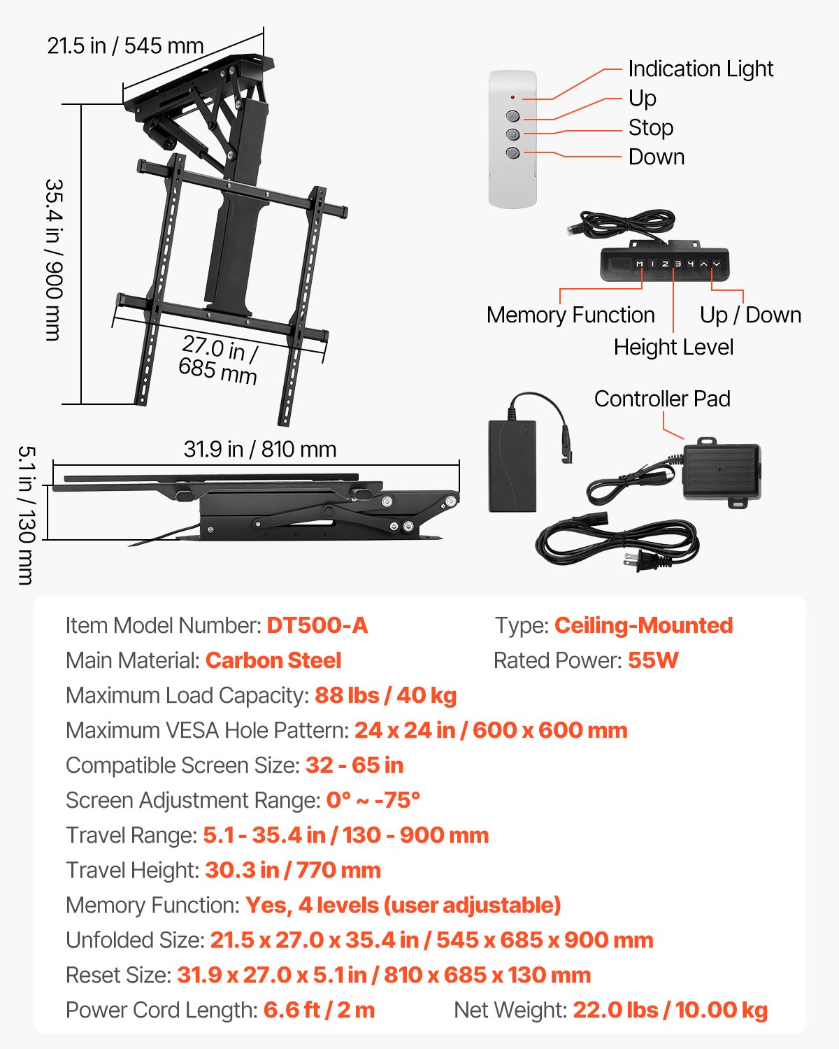 VEVOR motorisierte TV Deckenhalterung Halterung für 813 bis 1651 mm Fernseher, elektrischer verstellbarer herunterklappbarer Ständer mit max. VESA 60 x 60 cm, passend für Fernseher bis zu 40 kg