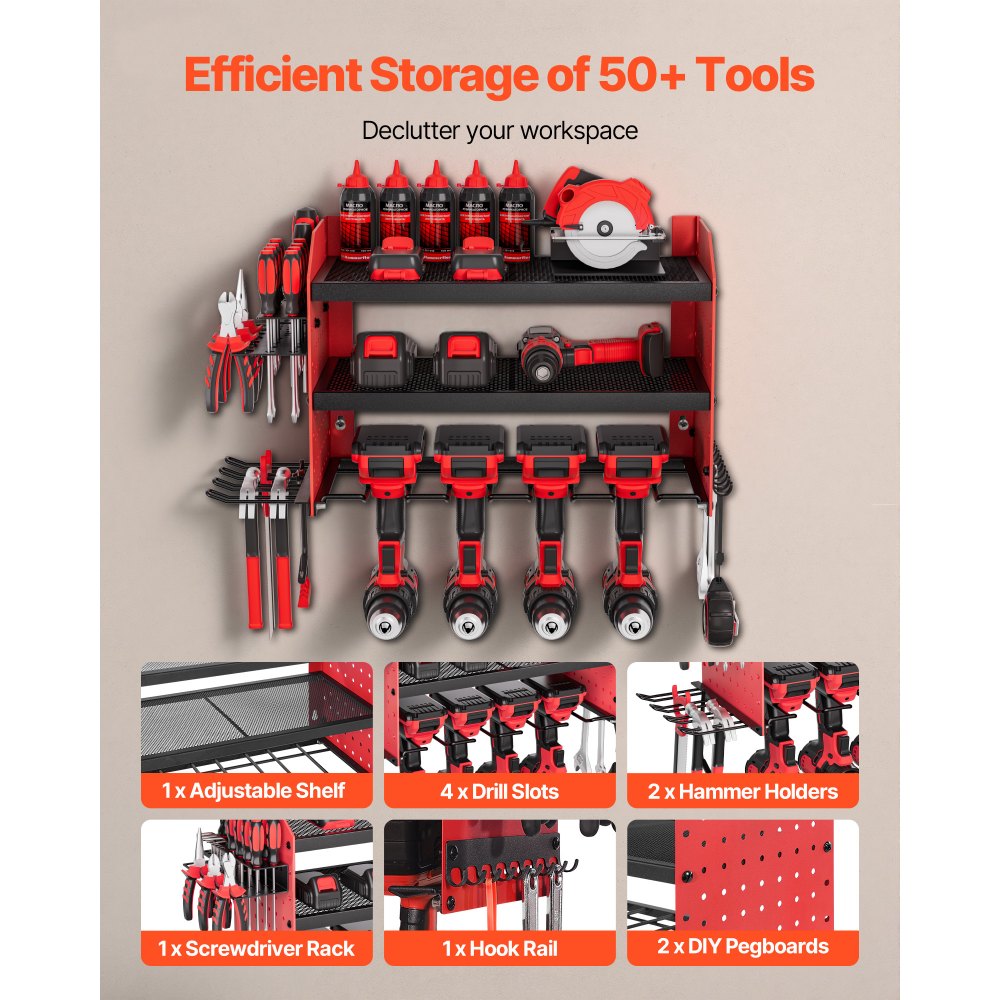 VEVOR Power Tool Organizer Wall Mount, 3-Layer Storage Rack with 4 Drill Holders, Tools Holder and Storage Rack with Side Pegboards, Garage Tool Organizer for Garage, Workbench, and Workshop