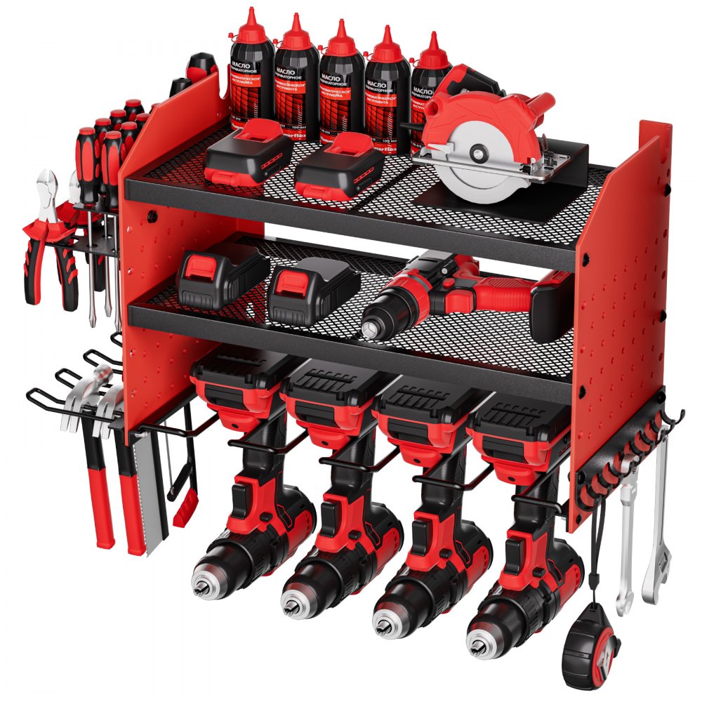 VEVOR Power Tool Organizer Wall Mount, 3-Layer Storage Rack with 4 Drill Holders, Tools Holder and Storage Rack with Side Pegboards, Garage Tool Organizer for Garage, Workbench, and Workshop