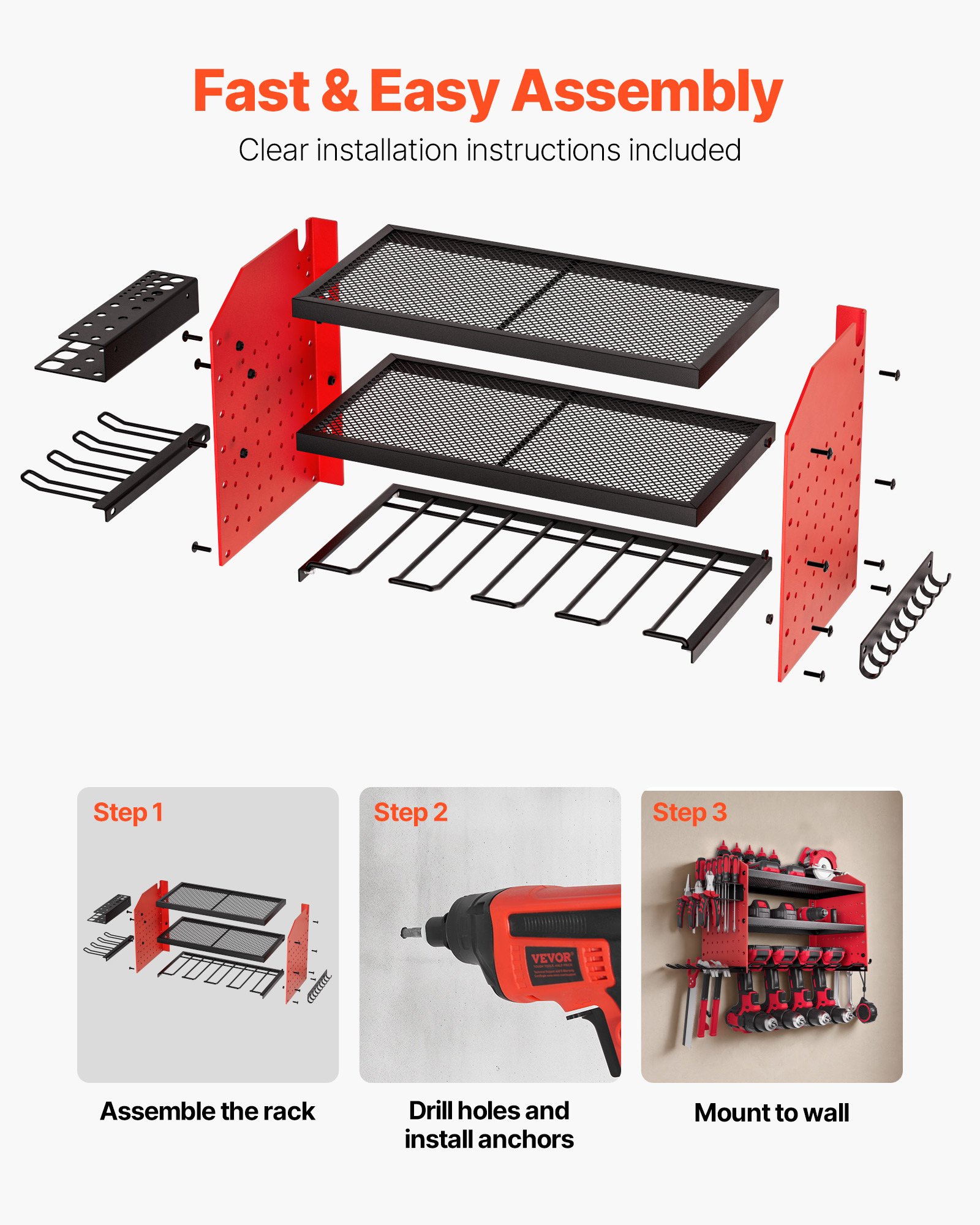 VEVOR Werkzeugspeicher Aufbewahrung Wandhalterung, 3-lagiges Lagerregal mit 4 Bohrerhaltern, Werkzeughalter mit seitlichen Stecktafeln, Garagen-Werkzeug-Organizer für Garage, Werkbank & Werkstatt, Rot
