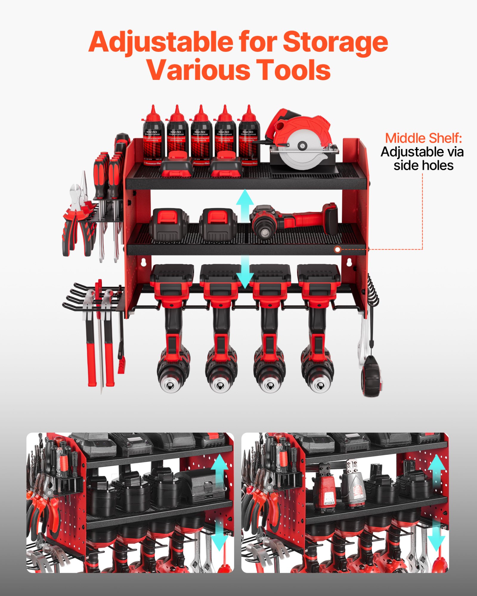 VEVOR Power Tool Organizer Wall Mount, 3-Layer Storage Rack with 4 Drill Holders, Tools Holder and Storage Rack with Side Pegboards, Garage Tool Organizer for Garage, Workbench, and Workshop