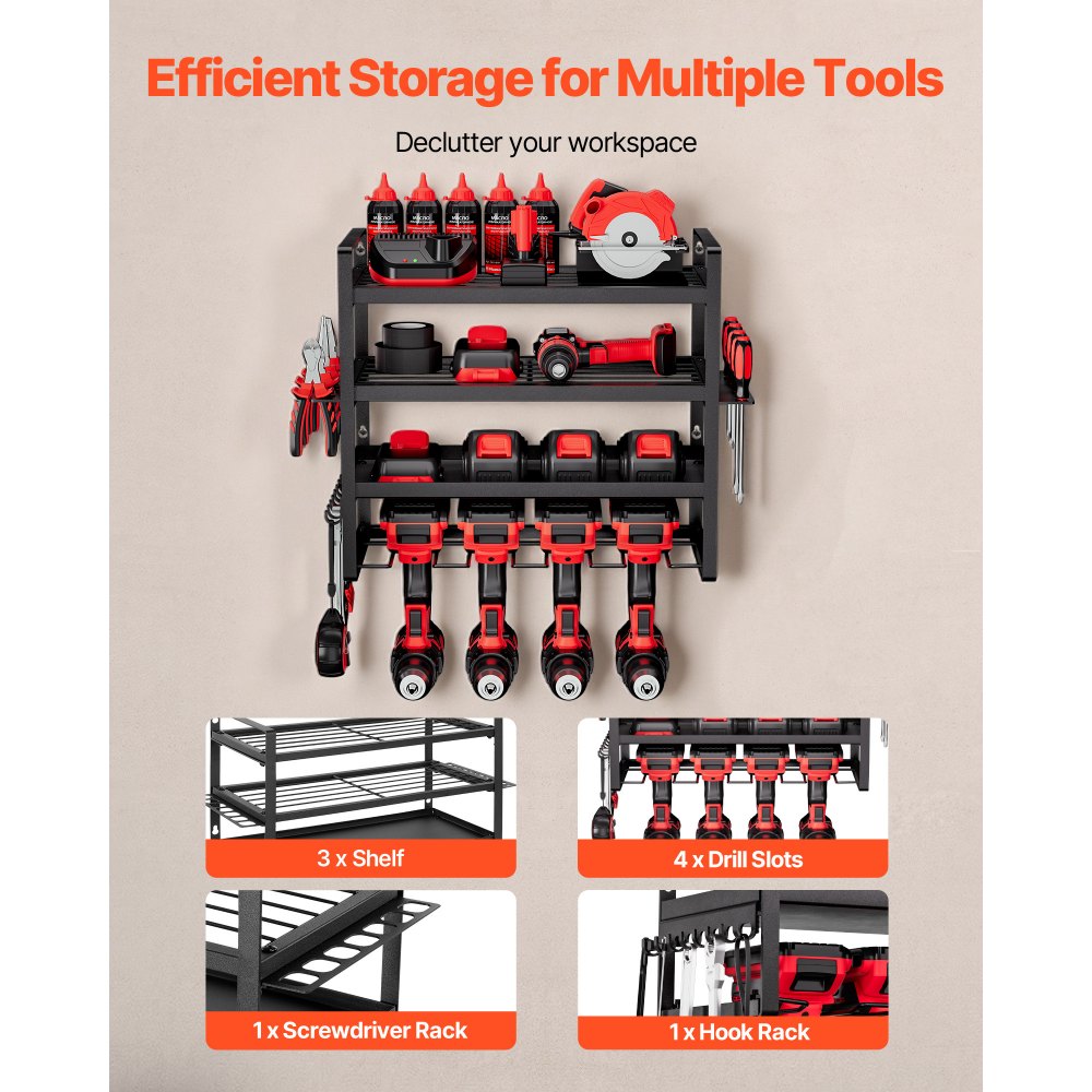 VEVOR Power Tool Organizer Wall Mount, 4-Layer Storage Rack with 4 Drill Holders, Tools Holder and Storage Rack with Screwdriver Holder, Garage Tool Organizer for Garage, Workbench, and Workshop