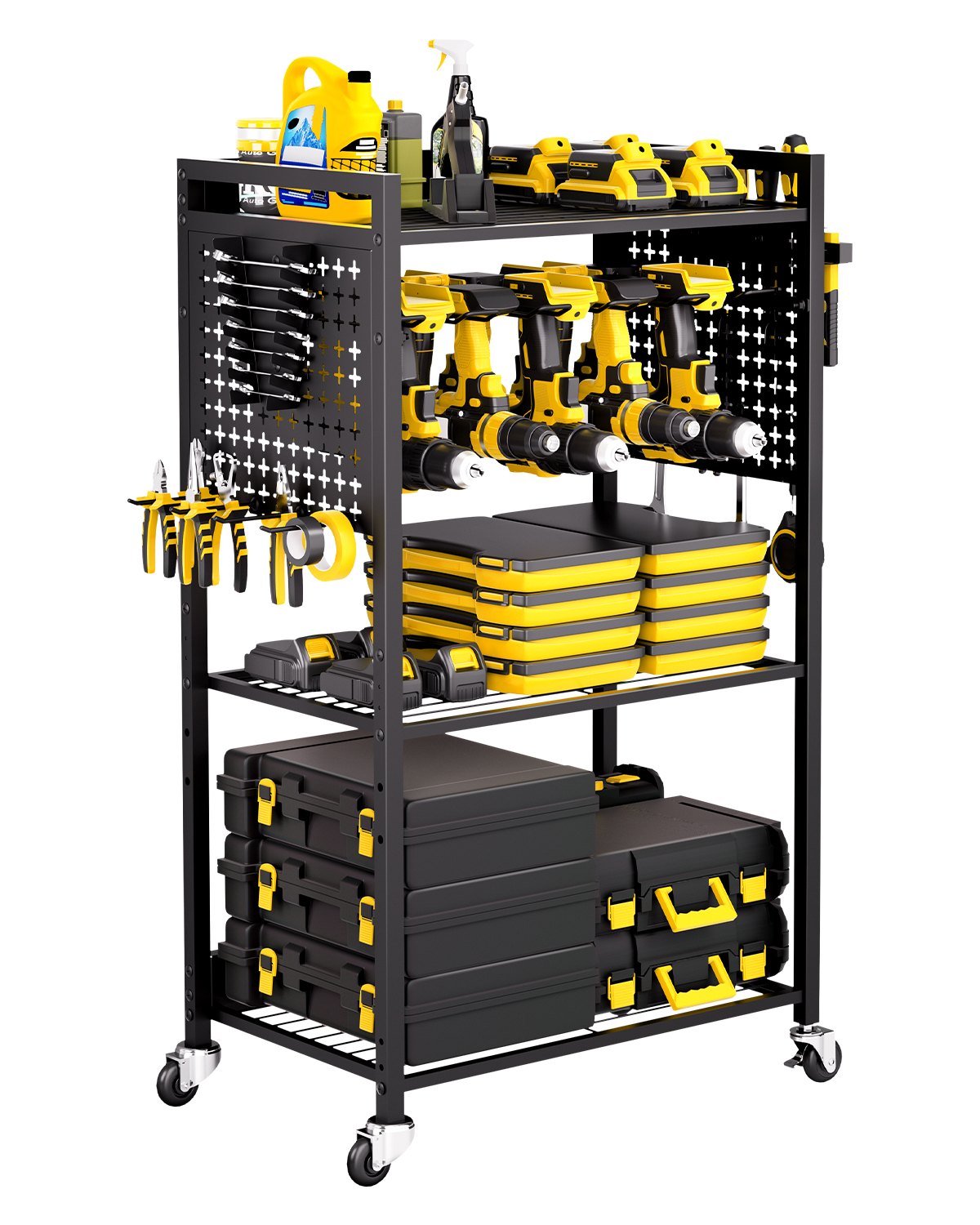 VEVOR 4-Tier Tool Trolley, 68 kg Load Capacity, Workshop Trolley with Rolling Drill Holder & Sturdy Storage Shelf, Assembly Trolley for Garage, Workshop, Black, 560x350x970 mm