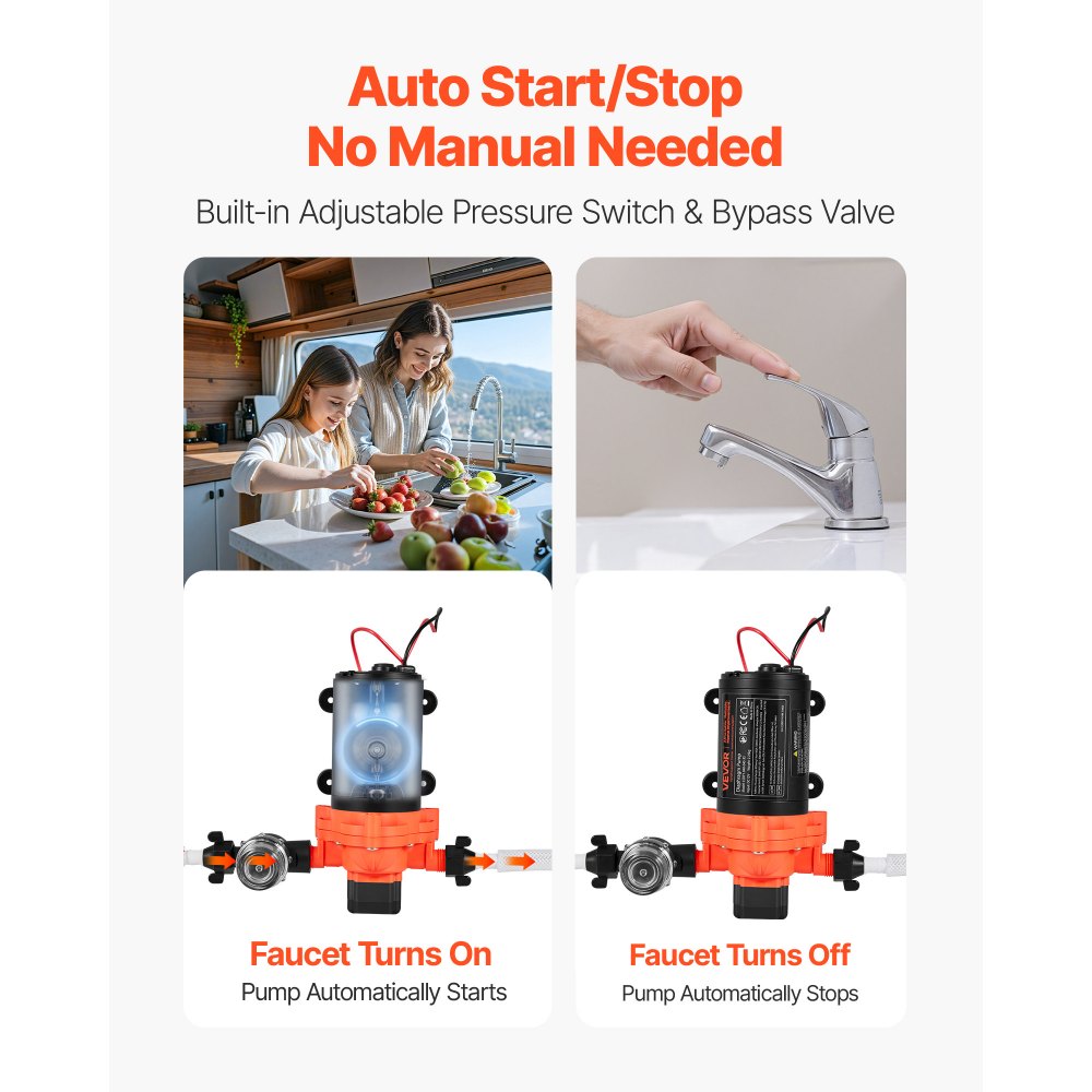 VEVOR Membranpumpe, 12 V DC, 15,1 L/min, selbstansaugende 3-Kammer-Membranwasserpumpe mit automatischem Druckschalter, 2,75 bar Druck, für Wohnmobil, Wohnwagen, Schiff, Yacht, Autowäsche