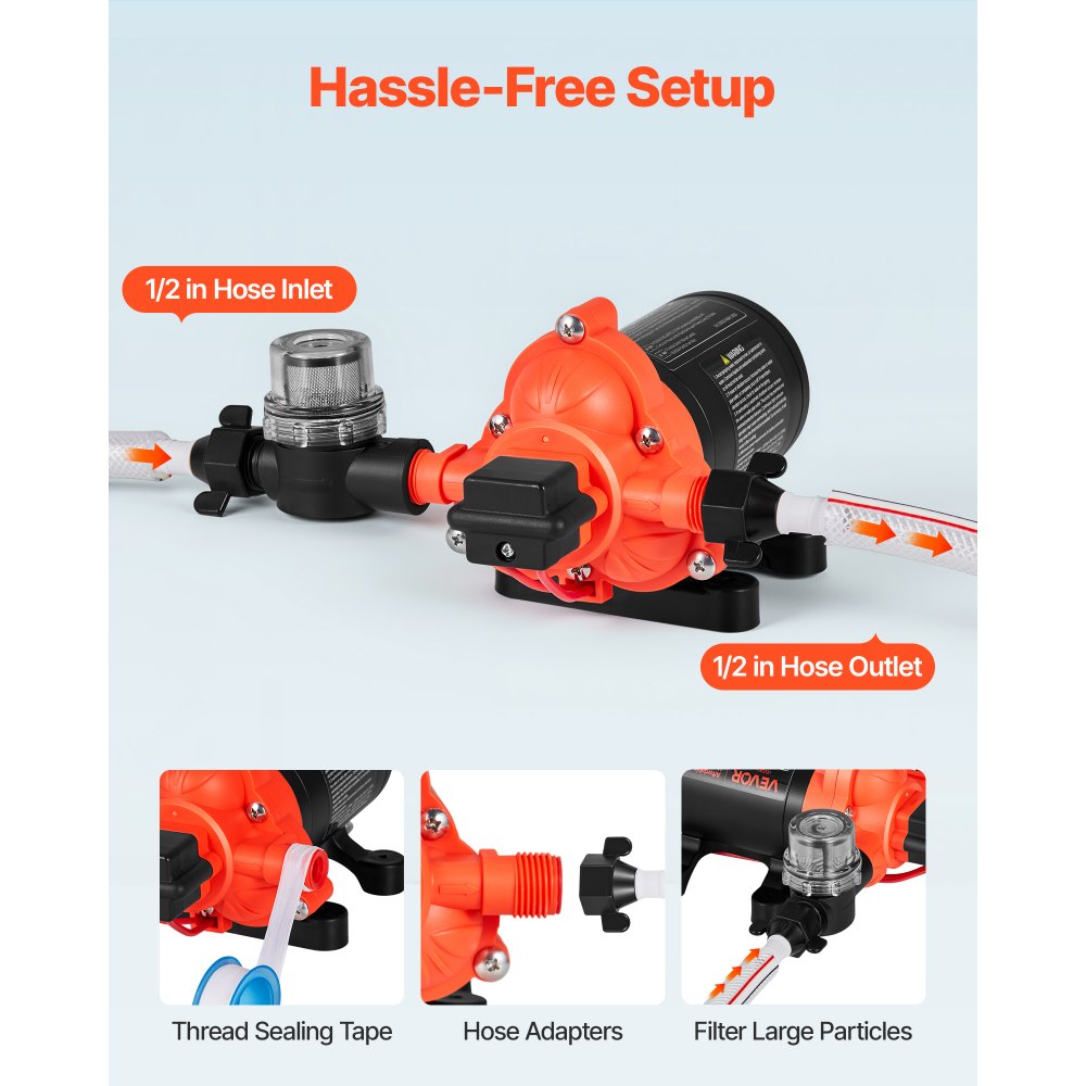 VEVOR Membranpumpe, 12 V DC, 15,1 L/min, selbstansaugende 3-Kammer-Membranwasserpumpe mit automatischem Druckschalter, 2,75 bar Druck, für Wohnmobil, Wohnwagen, Schiff, Yacht, Autowäsche