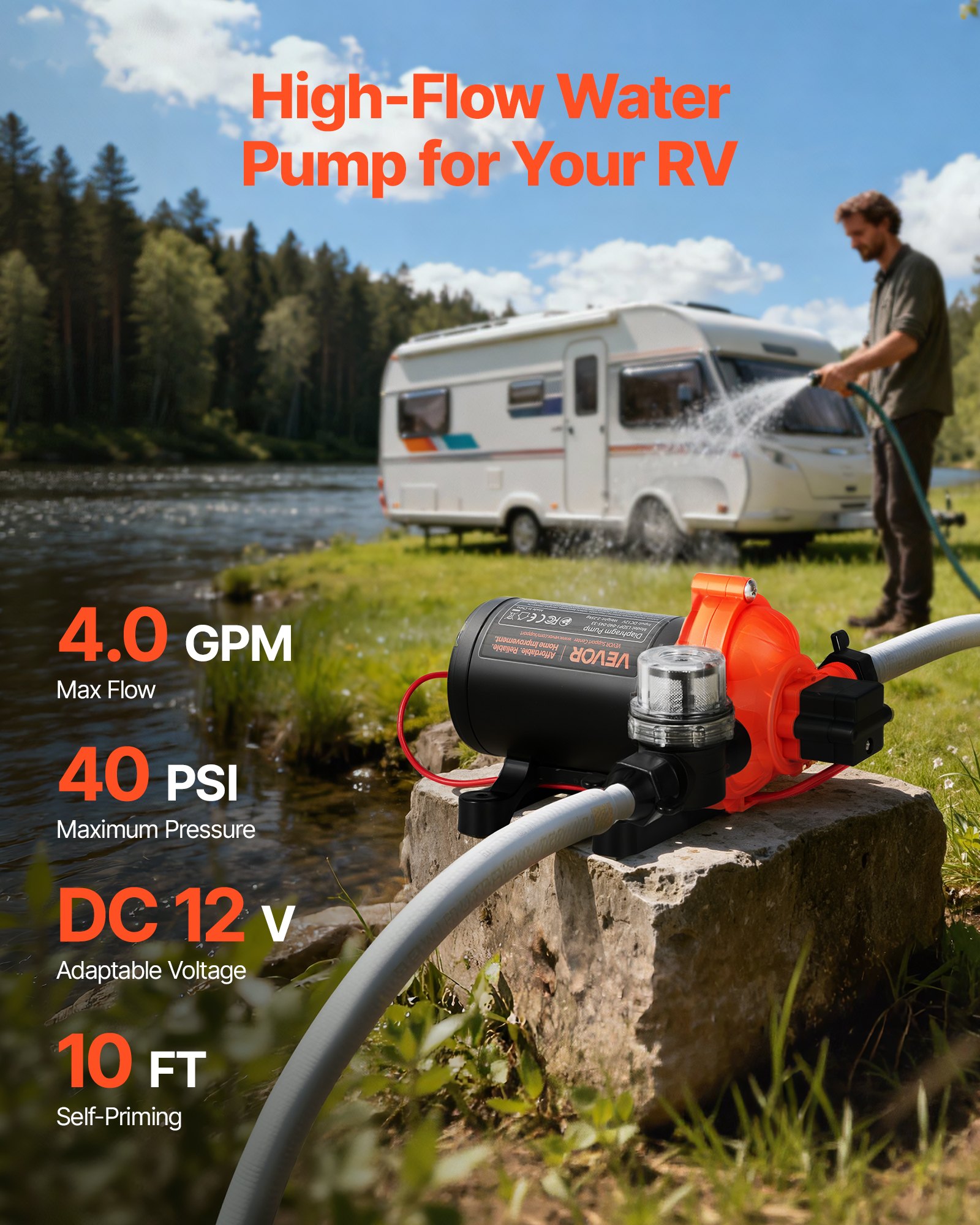 VEVOR Membranpumpe, 12 V DC, 15,1 L/min, selbstansaugende 3-Kammer-Membranwasserpumpe mit automatischem Druckschalter, 2,75 bar Druck, für Wohnmobil, Wohnwagen, Schiff, Yacht, Autowäsche