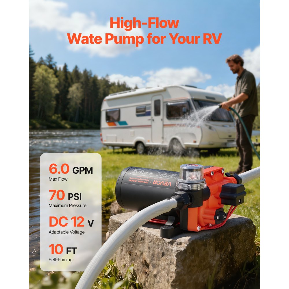 VEVOR Membranpumpe, 12 V DC, 22,7 L/min, selbstansaugende 4-Kammer-Membranwasserpumpe mit automatischem Druckschalter, 4,8 bar Druck, für Wohnmobil, Wohnwagen, Schiff, Yacht, Autowäsche