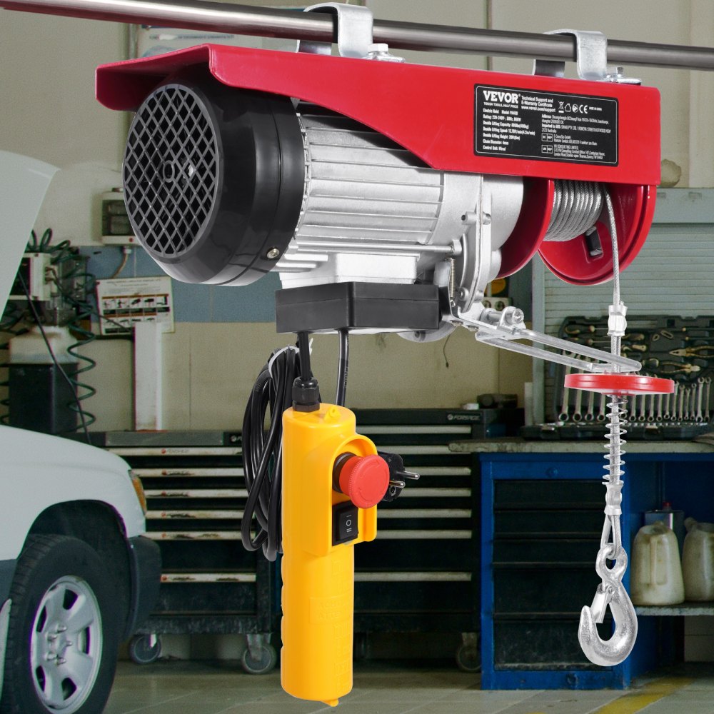 VEVOR Elektrische Seilwinde, 400 kg, Motorwinde mit 4,2 m kabelgebundener Fernbedienung, 12 m Hubhöhe mit Einzelkabel, Einzel-/Doppelschlingen, Not-Aus, Hebezeug für Garage, Lager, Fabrik
