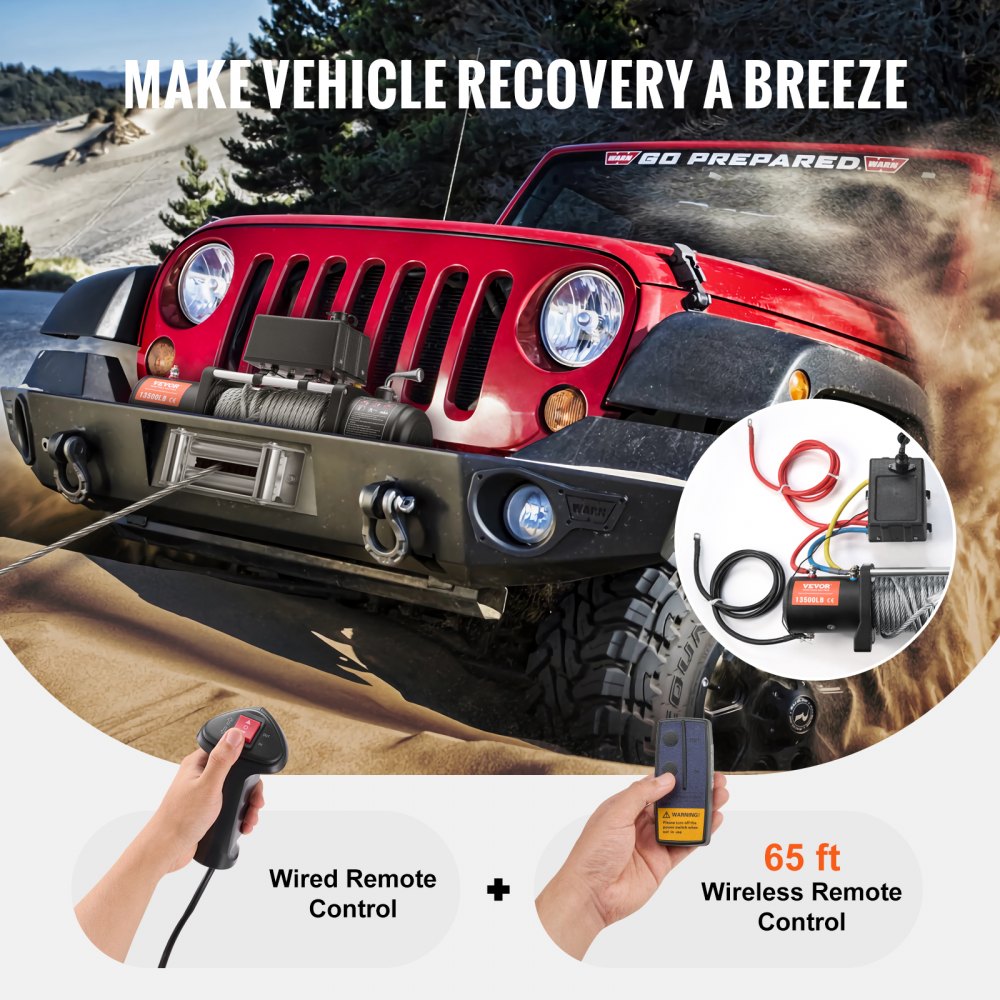 VEVOR Electric Winch, 13,500 lb, 12V DC Truck Winch with Φ3/8 inch x 80 foot Steel Cable Reel Guide, Wireless and Wired Remote Control, IP55 Waterproof for Towing SUVs, Jeeps, Trucks, Trailers and Boats