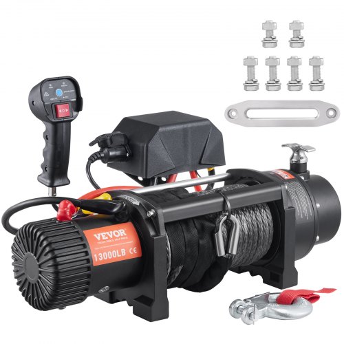 VEVOR Elektrische Seilwinde 12V 13000lbs/5897kg Offroad Motorwinde Seilzug Elektrowinde 12-strängiges Nylonseil mit 2-in-1-Controller Schwarz Geeignet für mittelgroße große SUVs LKWs und sogar Yachten