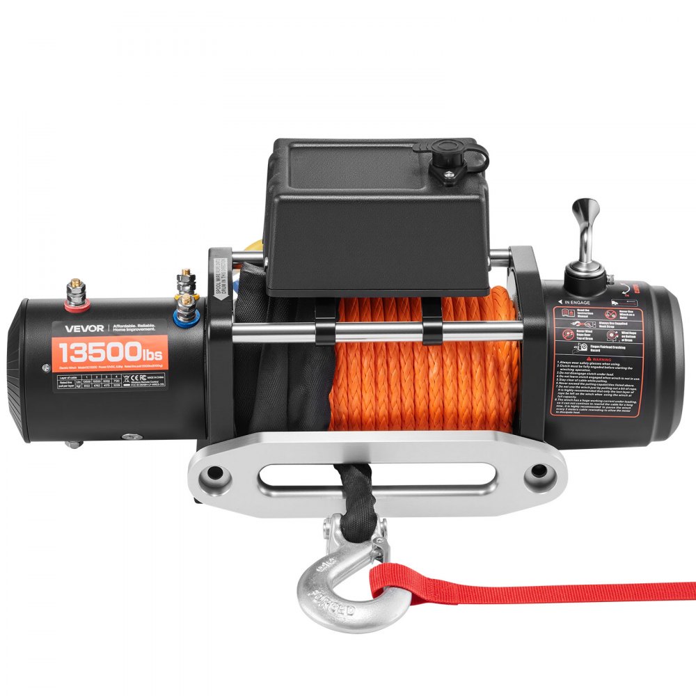 VEVOR Elektrische Seilwinde, 13.500 lb, 12 V DC LKW-Winde mit Φ3/8 Zoll x 80 Fuß Synthetikseil, Aluminium-Seilführung, kabellose und kabelgebundene Fernbedienung, IP55 wasserdicht zum Schleppen von Geländewagen, Jeeps, Anhängern und Booten