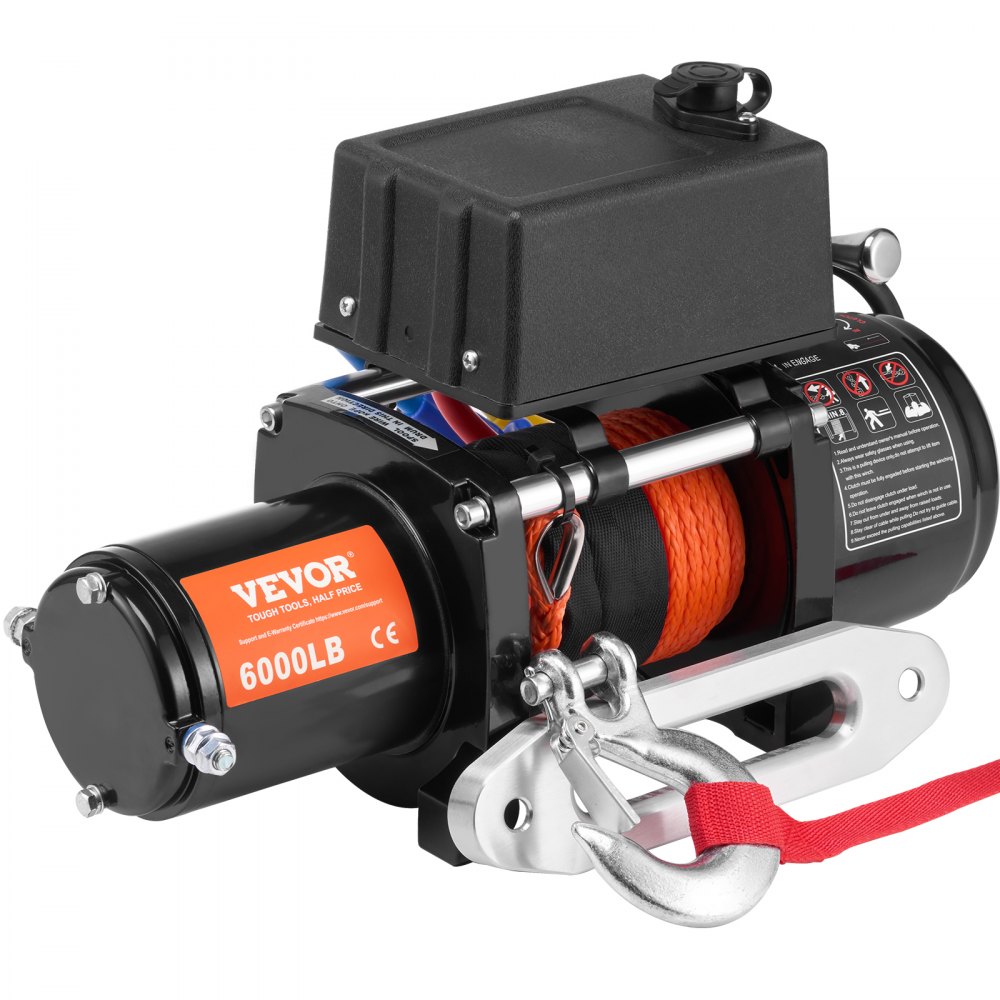 VEVOR Elektrische Seilwinde, 6000 lb Tragkraft, 12 V DC für LKWs mit 1/4 Zoll x 55 Fuß Synthetikseil, Aluminium-Seilführung, zwei Fernbedienungsoptionen, IP55-Wasserbeständigkeit, ideal zum Schleppen von SUVs, LKWs, Jeeps, Anhängern und Booten