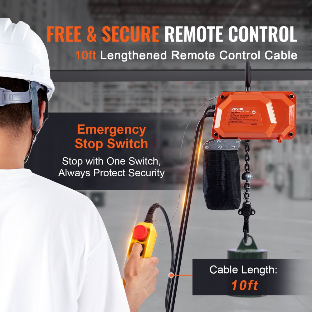 VEVOR Elektrischer Kettenzug, 150 kg Tragkraft, 3 m Hubhöhe, Geschwindigkeit 2,3 m/min, 230 V, einphasiger Brückenkran mit G80-Kette, 3 m kabelgebundene Fernbedienung für Garage, Geschäft, Hotel, Zuhause