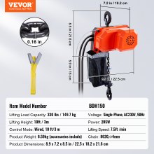 VEVOR Kettenzug Elektrisch 1-phasig Kranhebezeug 3m Hub Seilzug 149,7kg Hebezug