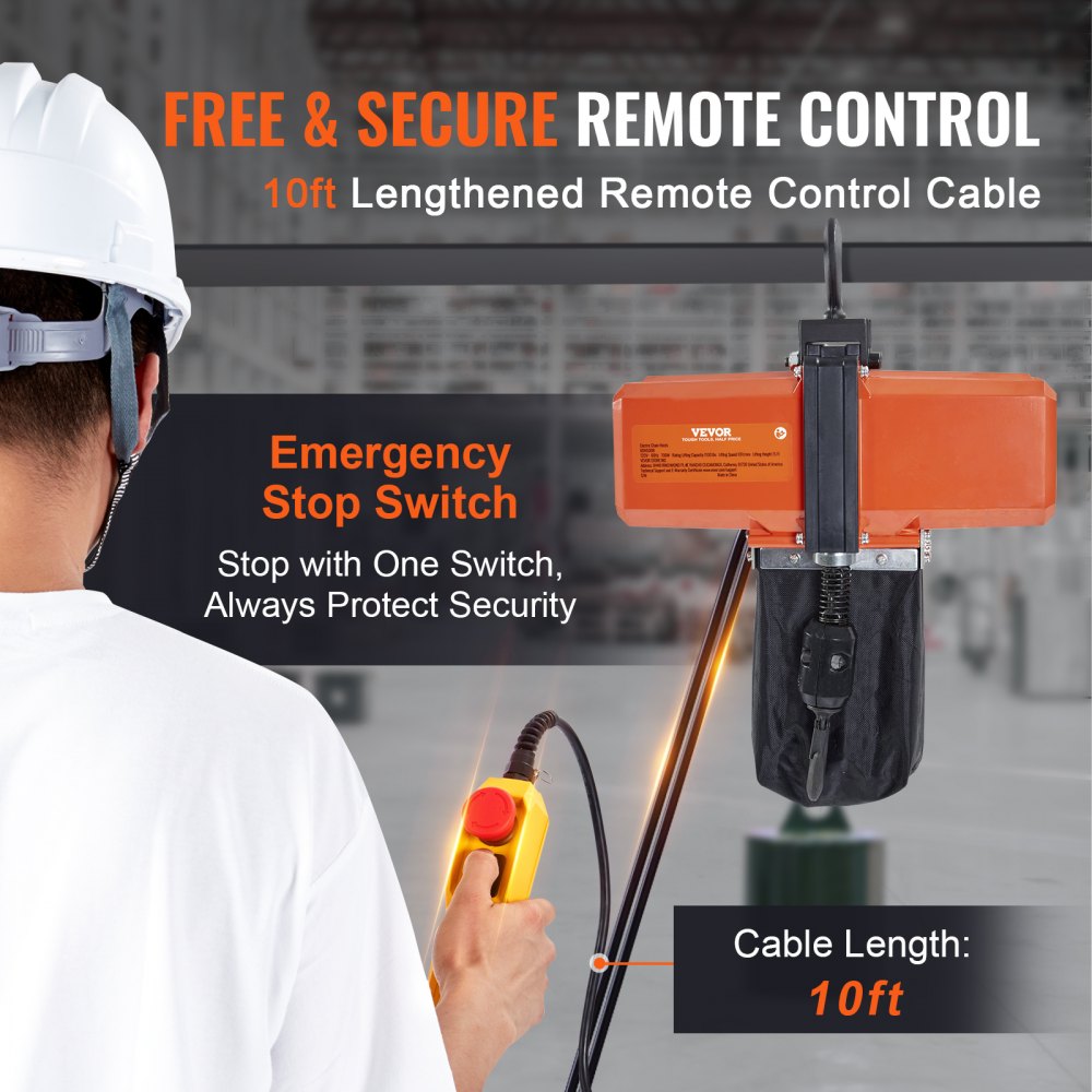 VEVOR Elektrischer Kettenzug, 1100 lbs Tragkraft, 15 ft Hubhöhe, 9,2 ft/min Geschwindigkeit, 230 V, einphasiger Brückenkran mit G100-Kette, 10 ft Kabelfernbedienung für Garage, Geschäft, Hotel, Zuhause