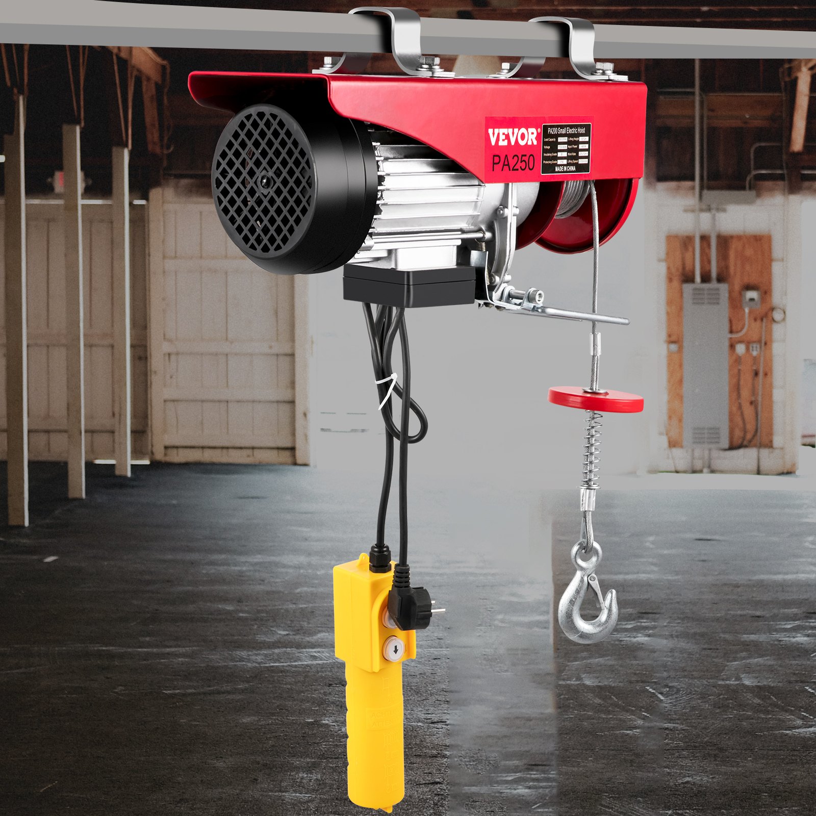 VEVOR Elektrische Seilwinde 125 kg/250 kg Seilzug PA250 elektrischer Seilhebezug 220V 12 m/6 m Motorwinde mit Kabelfernbedienung A3 Stahl 500W Kabel-Fernbedienung für Laden- oder Automobilgarage