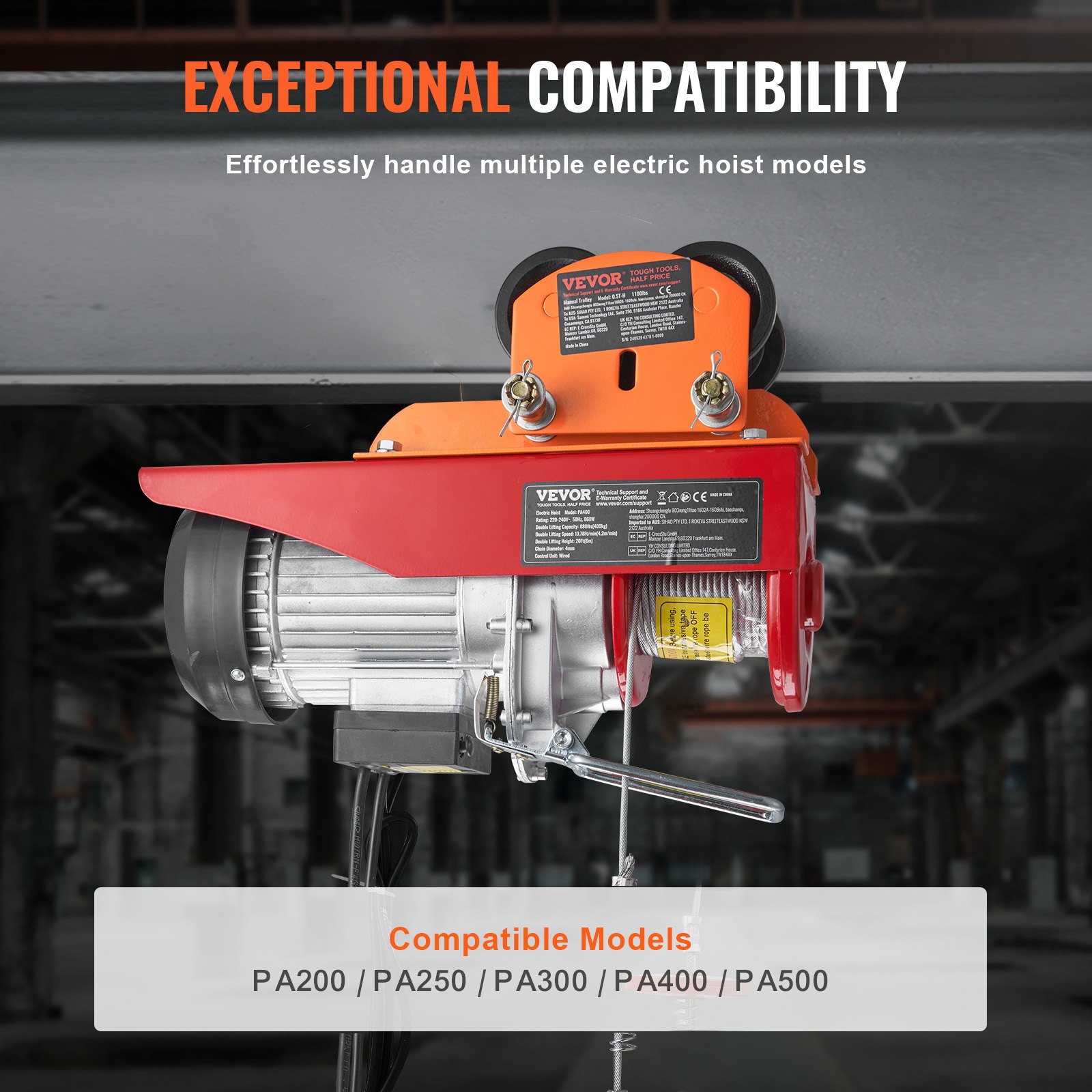 VEVOR Electric Hoist Manual Trolley 0.5 t 2.36