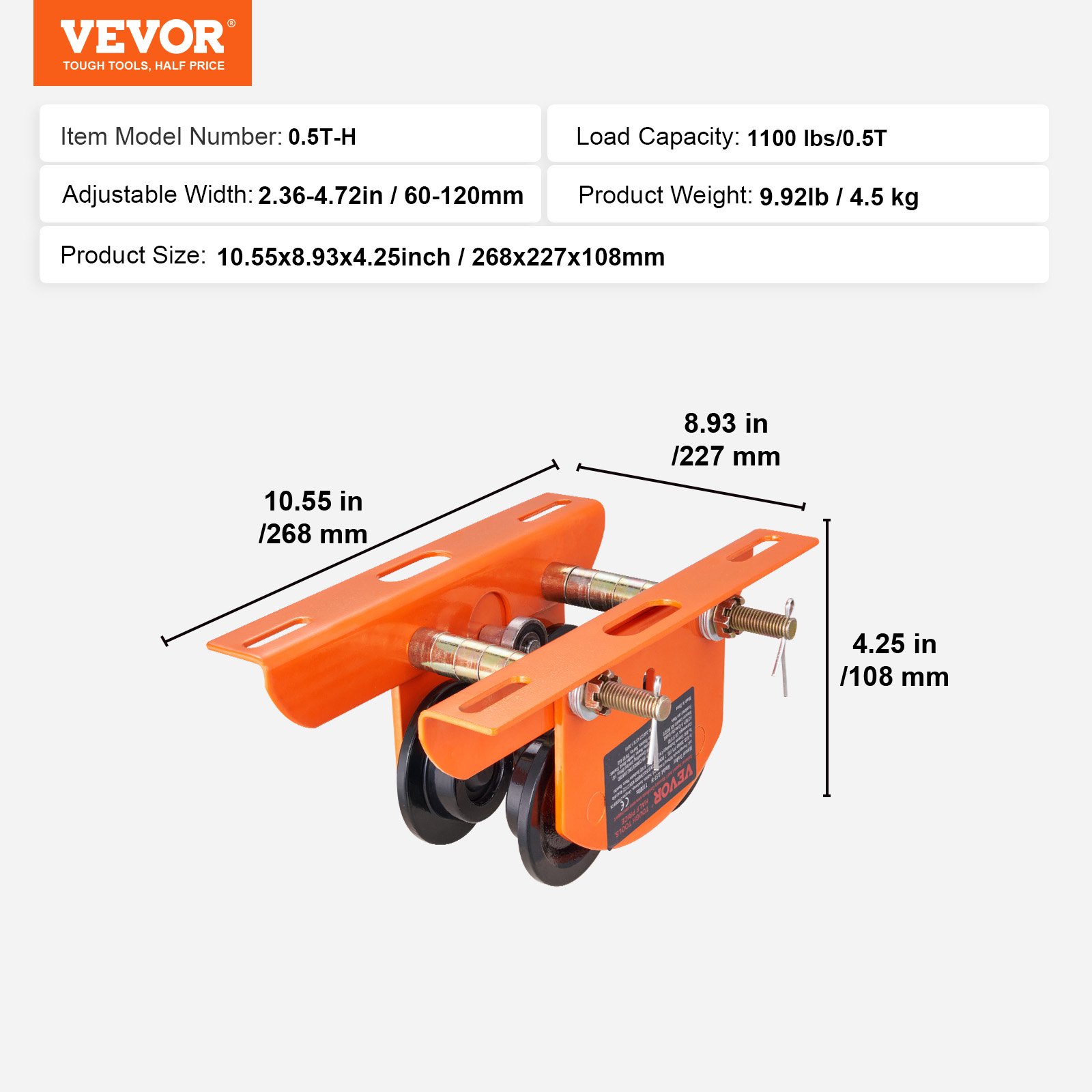VEVOR Electric Hoist Manual Trolley 0.5 t 2.36