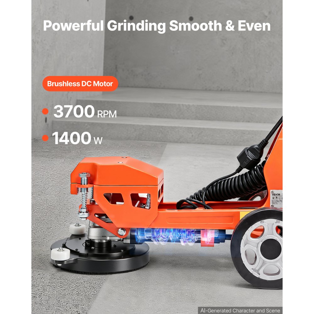 VEVOR Elektrischer Betonschleifer 1400W Bodenpolierer Handgeführt 3700U/min, Bodenschleifer zum Glätten von Beton Granit Marmor & Holzboden, 18cm Schleifscheibe, Ausziehbarer Griff, Absauganschluss